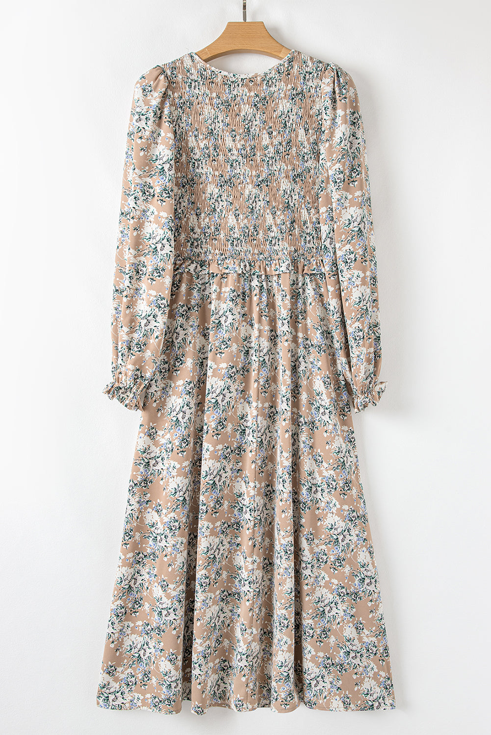 Blue Zone Planet | Khaki Maple Grove Floral Smocked Puff Sleeve Long Dress-TOPS / DRESSES-[Adult]-[Female]-2022 Online Blue Zone Planet