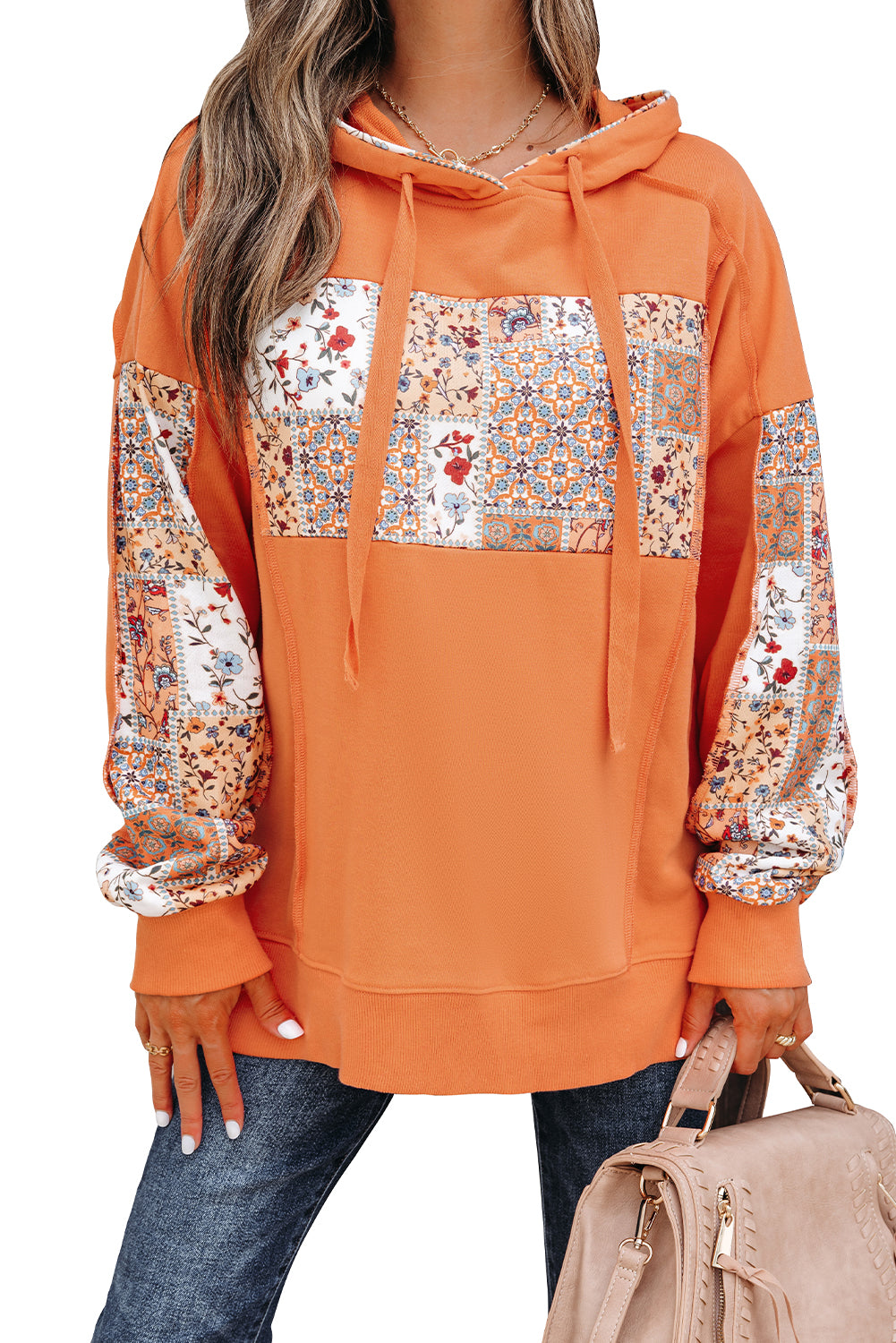 Flamingo Mix Floral Patchwork Side Slit Drawstring Hoodie-Tops / Dresses-[Adult]-[Female]-2022 Online Blue Zone Planet