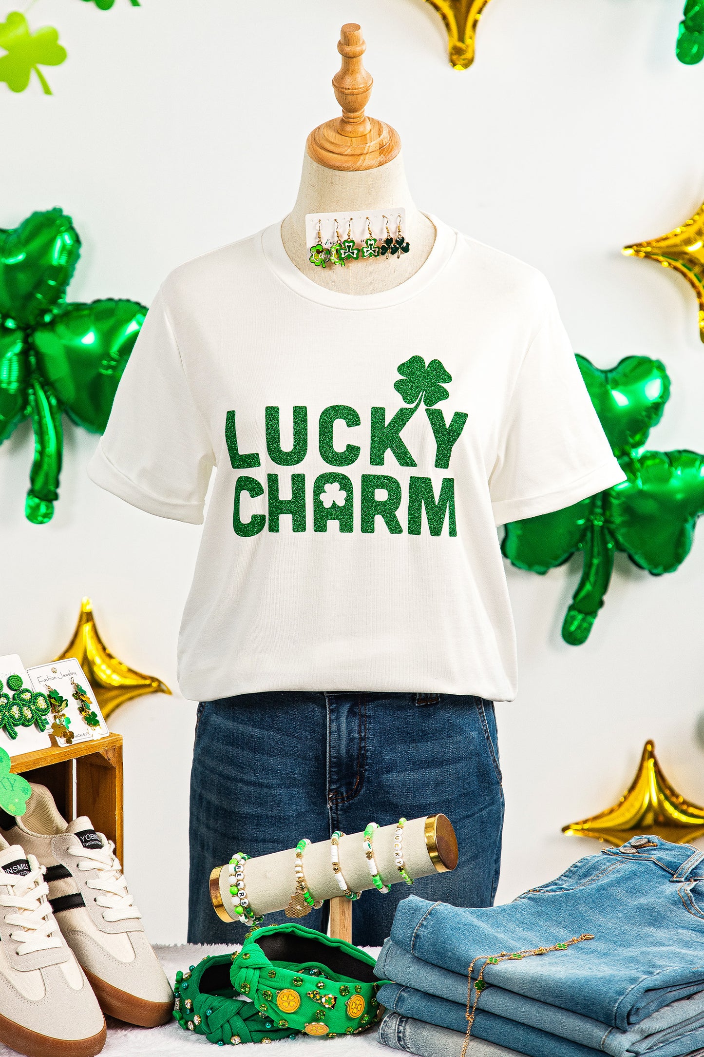 White Lucky Charm Shimmery Print St Patricks Day Clover T Shirt-Graphic/Graphic Tees-[Adult]-[Female]-2022 Online Blue Zone Planet