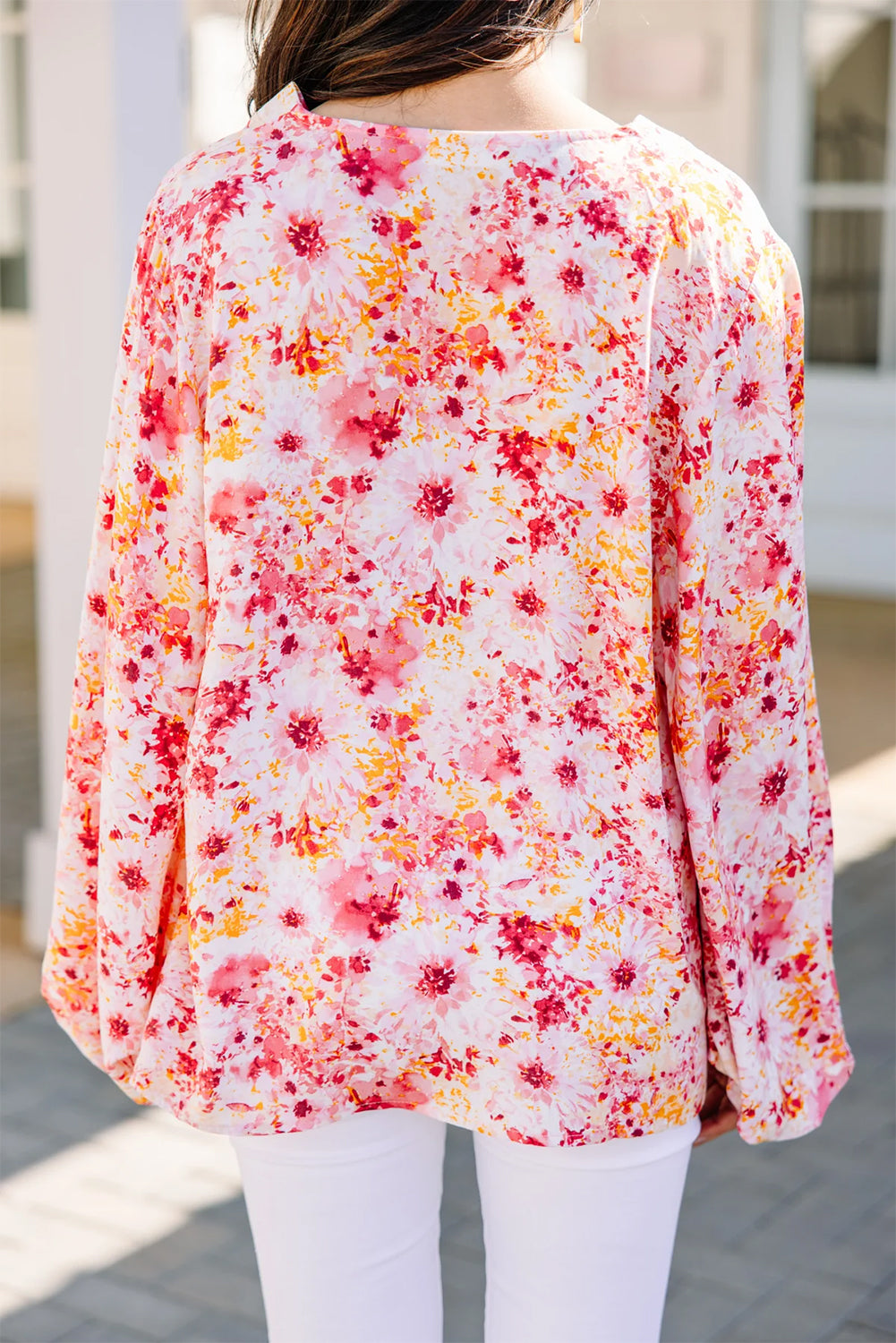 Pink Ditsy Floral Bubble Sleeve V Neck Blouse-Tops/Blouses & Shirts-[Adult]-[Female]-2022 Online Blue Zone Planet