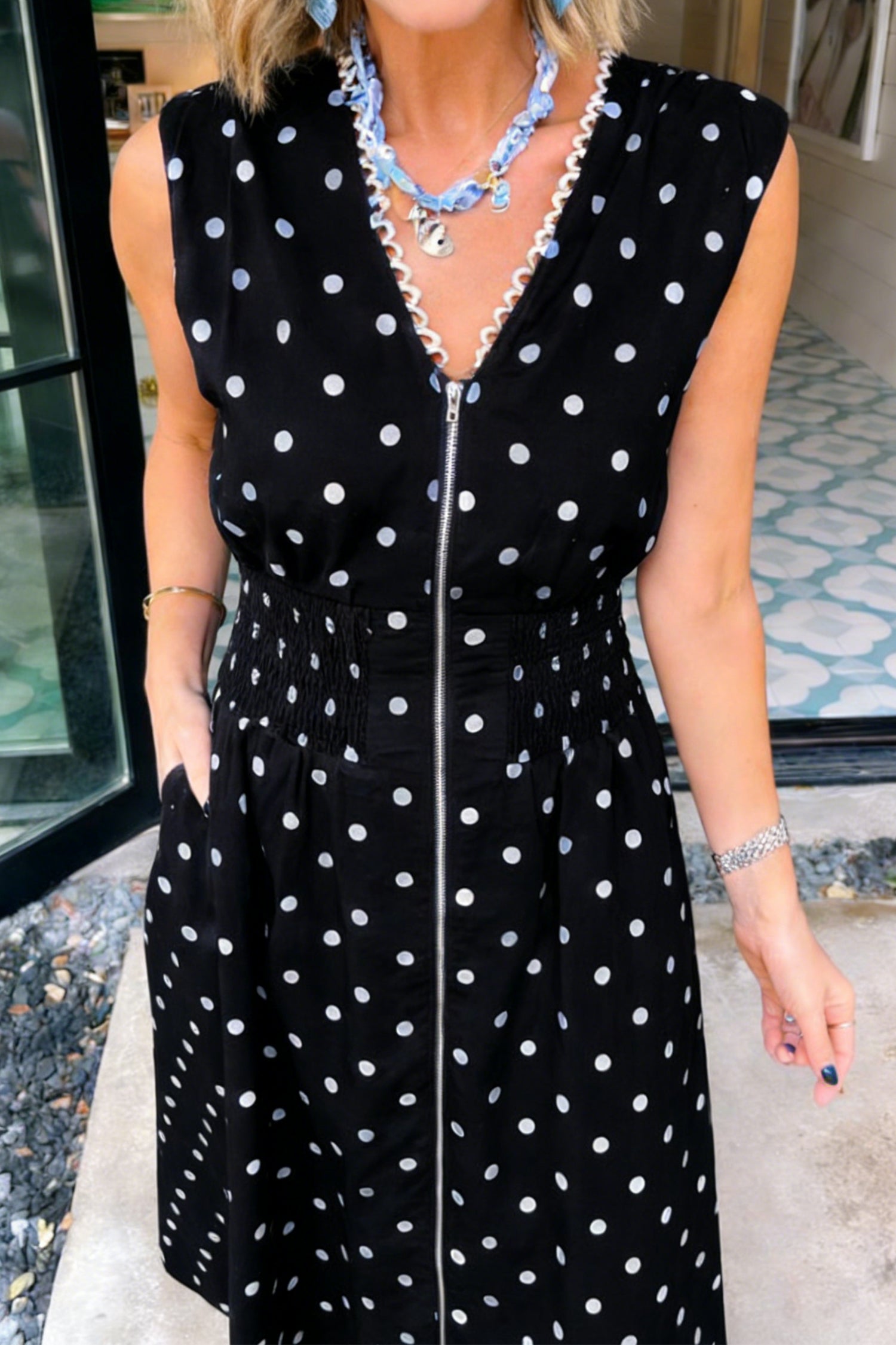 Black Polka Dot Print Contrast Trim V Neck Zip Up Sleeveless Dress-TOPS / DRESSES-[Adult]-[Female]-2022 Online Blue Zone Planet
