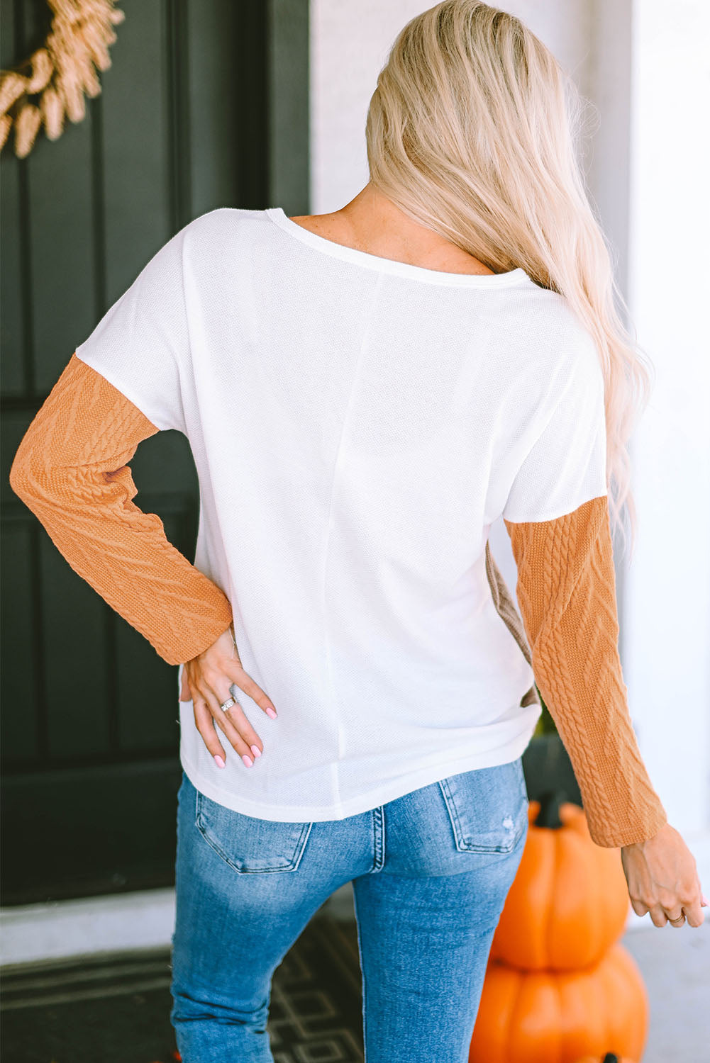 Orange Long Sleeve Colorblock Chest Pocket Textured Knit Top-Sale (50% OFF)/30% OFF-[Adult]-[Female]-2022 Online Blue Zone Planet