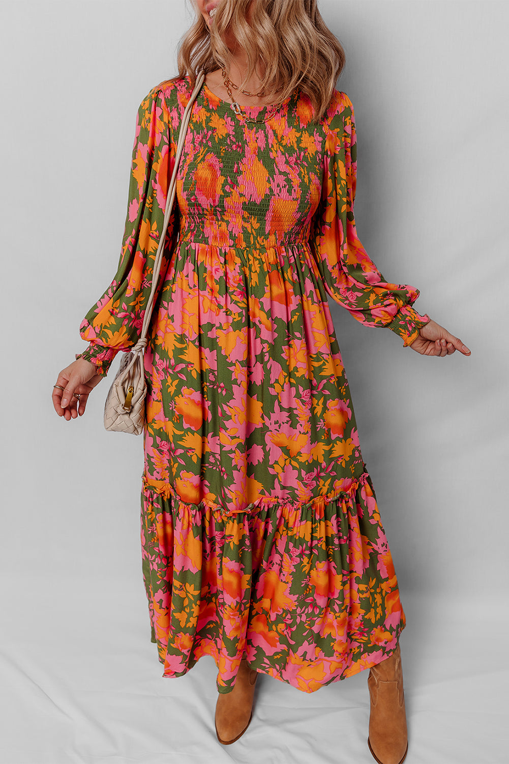 Orange Floral Puff Sleeve Smocked Bodice Ruffled Long Dress-TOPS / DRESSES-[Adult]-[Female]-2022 Online Blue Zone Planet