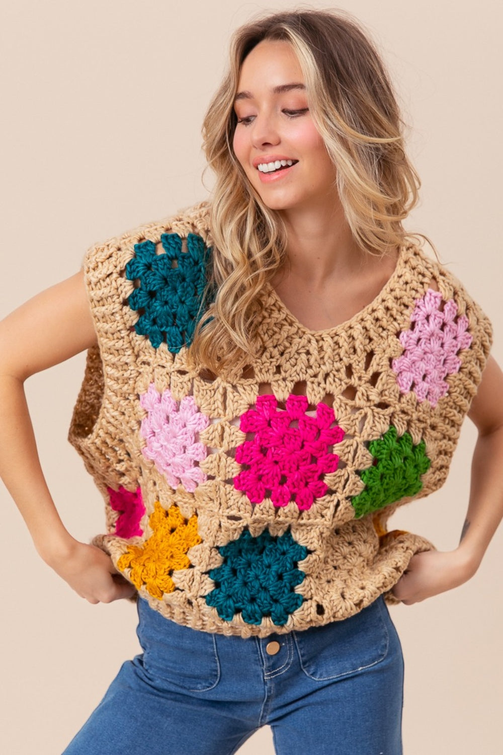 BiBi Granny Square Openwork Sweater Vest-TOPS / DRESSES-[Adult]-[Female]-Taupe-S-2022 Online Blue Zone Planet