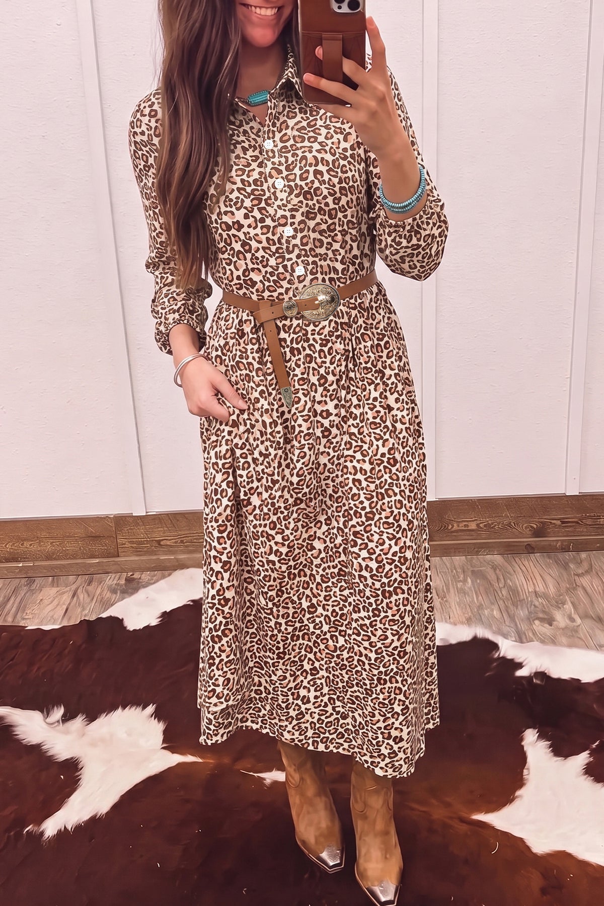 Brown Leopard Print 3/4 Sleeve Shirt Collar Buttoned Long Dress-Dresses/Maxi Dresses-[Adult]-[Female]-Brown-S-2022 Online Blue Zone Planet