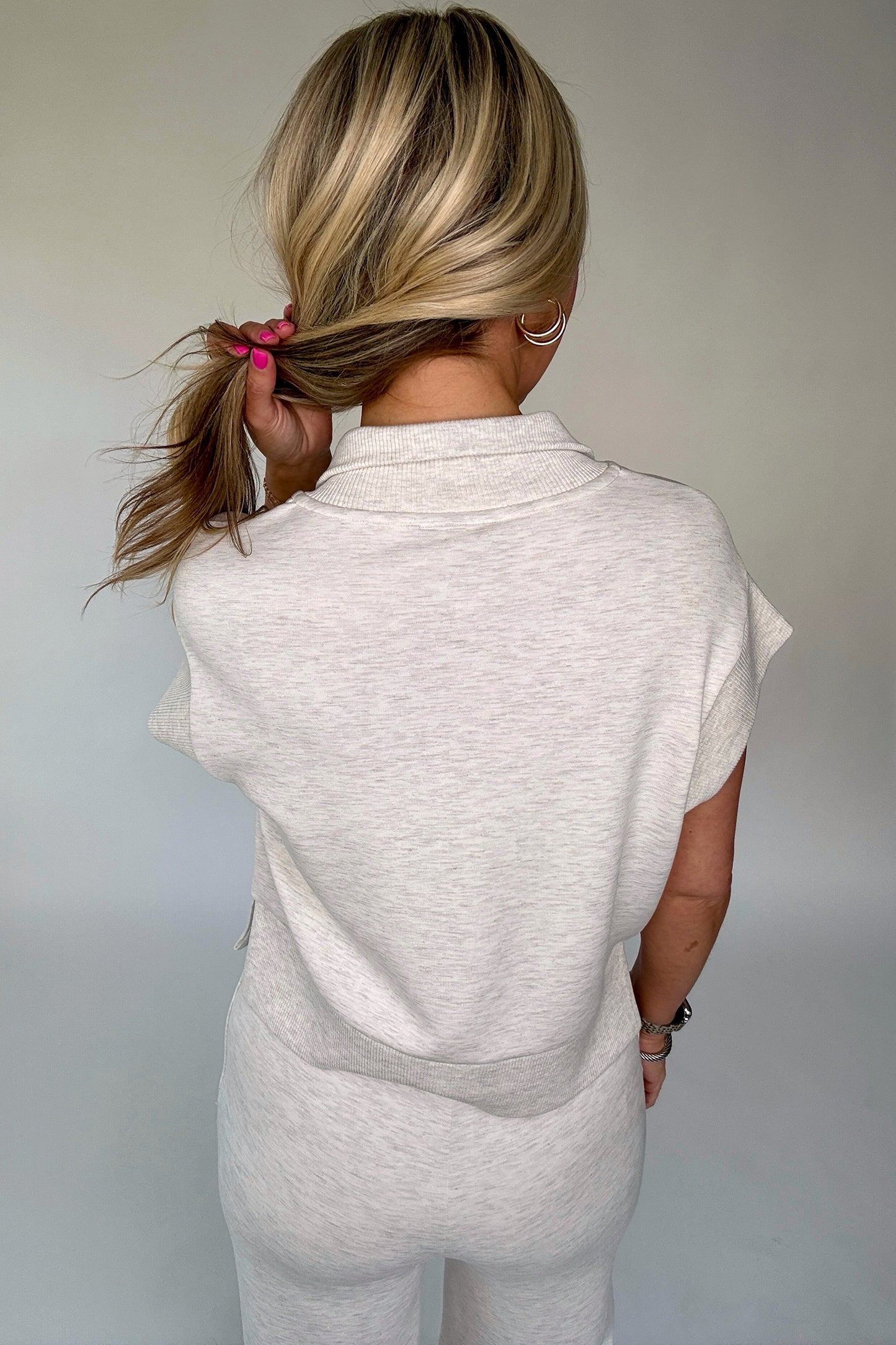 Light Grey Half Zip Polo Tee Casual Pant Set-Two Piece Sets/Pant Sets-[Adult]-[Female]-2022 Online Blue Zone Planet