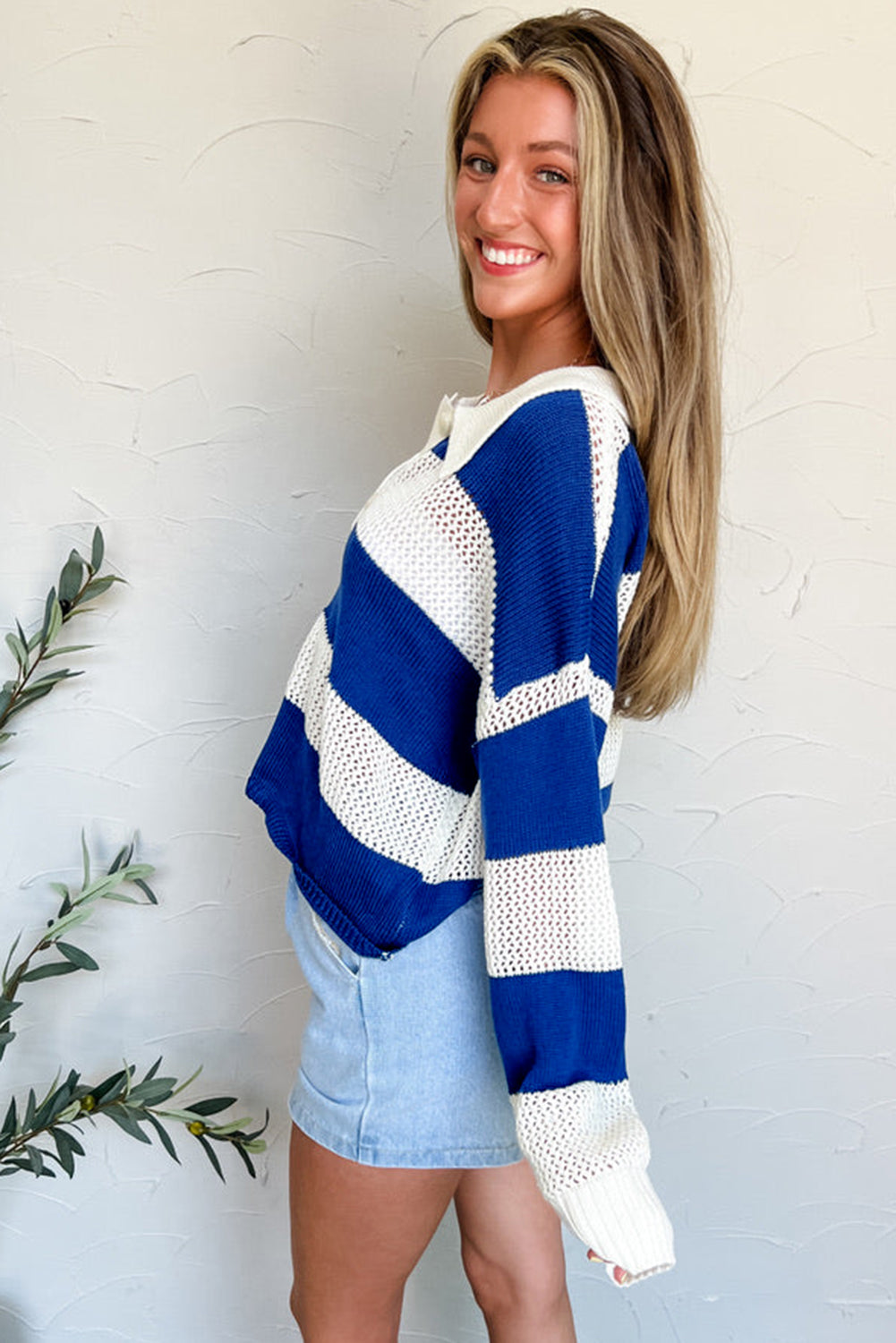 Blue Stripe Colorblock Polo Collar Eyelet Crochet Knitted Sweater-Sweaters & Cardigans/Sweaters-[Adult]-[Female]-2022 Online Blue Zone Planet