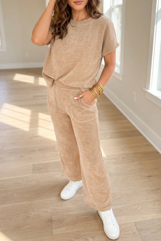 Light French Beige Solid Color Short Sleeve Top Casual Pants 2pcs Corduroy Set-Two Piece Sets/Pant Sets-[Adult]-[Female]-Light French Beige-S-2022 Online Blue Zone Planet