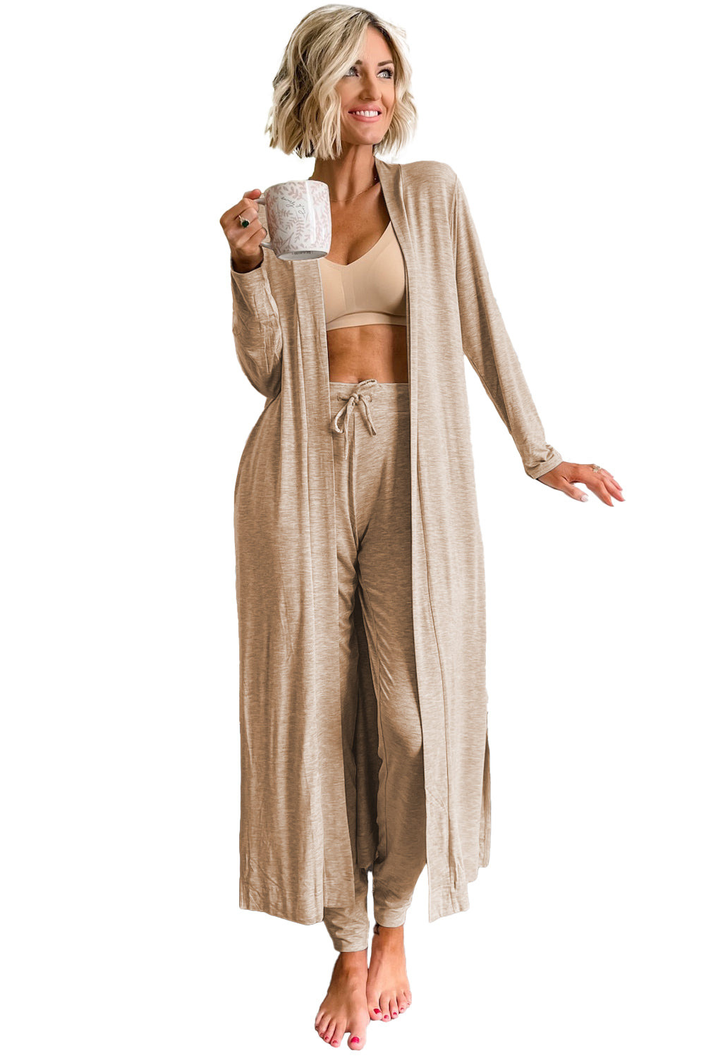 Parchment Split Long Cardigan and Skinny Pants Lounge Set-Loungewear & Sleepwear/Loungewear-[Adult]-[Female]-2022 Online Blue Zone Planet