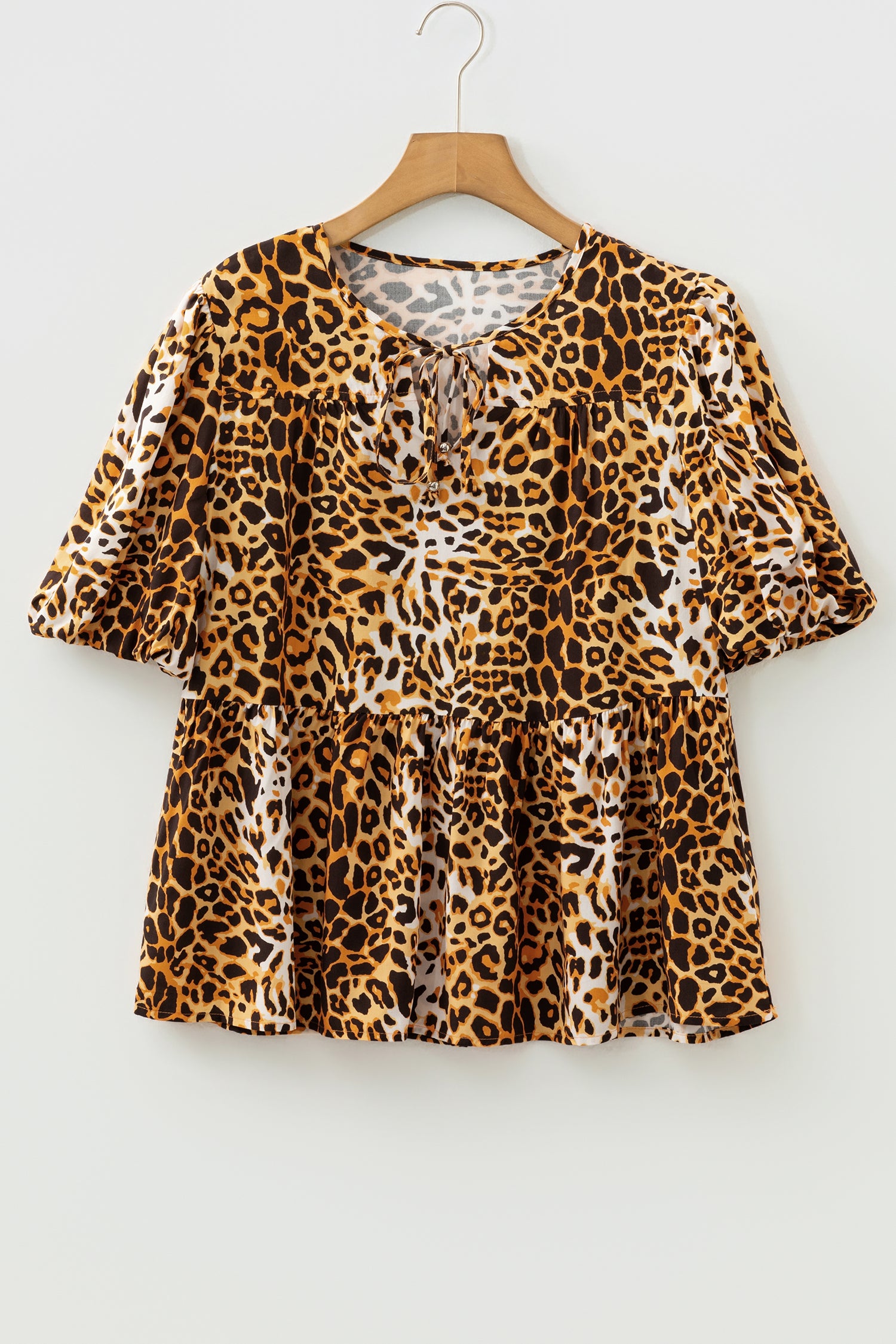 Leopard Print Short Puff Sleeve Slit Neck Babydoll Blouse-Tops/Blouses & Shirts-[Adult]-[Female]-2022 Online Blue Zone Planet