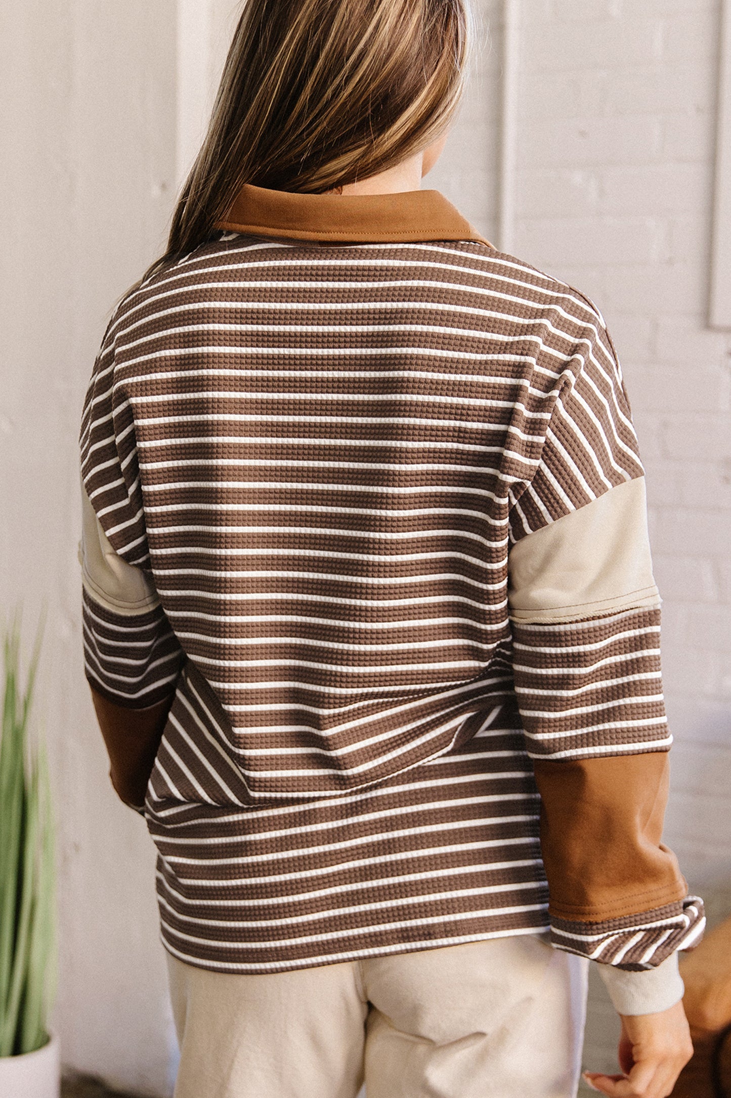 Brown Stripe Collar V Neck Color Block Detail Long Sleeve Pullover Top-Tops/Long Sleeve Tops-[Adult]-[Female]-2022 Online Blue Zone Planet