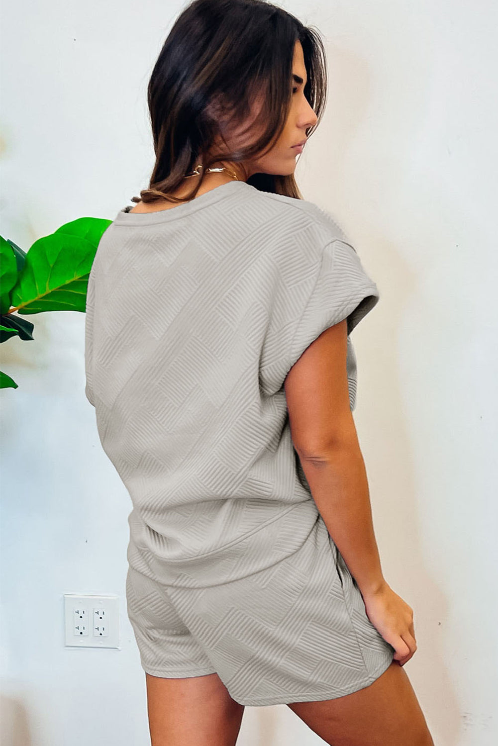 Gray Solid Color Textured Loose Top Casual Two Piece Short Set-Two Piece Sets/Short Sets-[Adult]-[Female]-2022 Online Blue Zone Planet