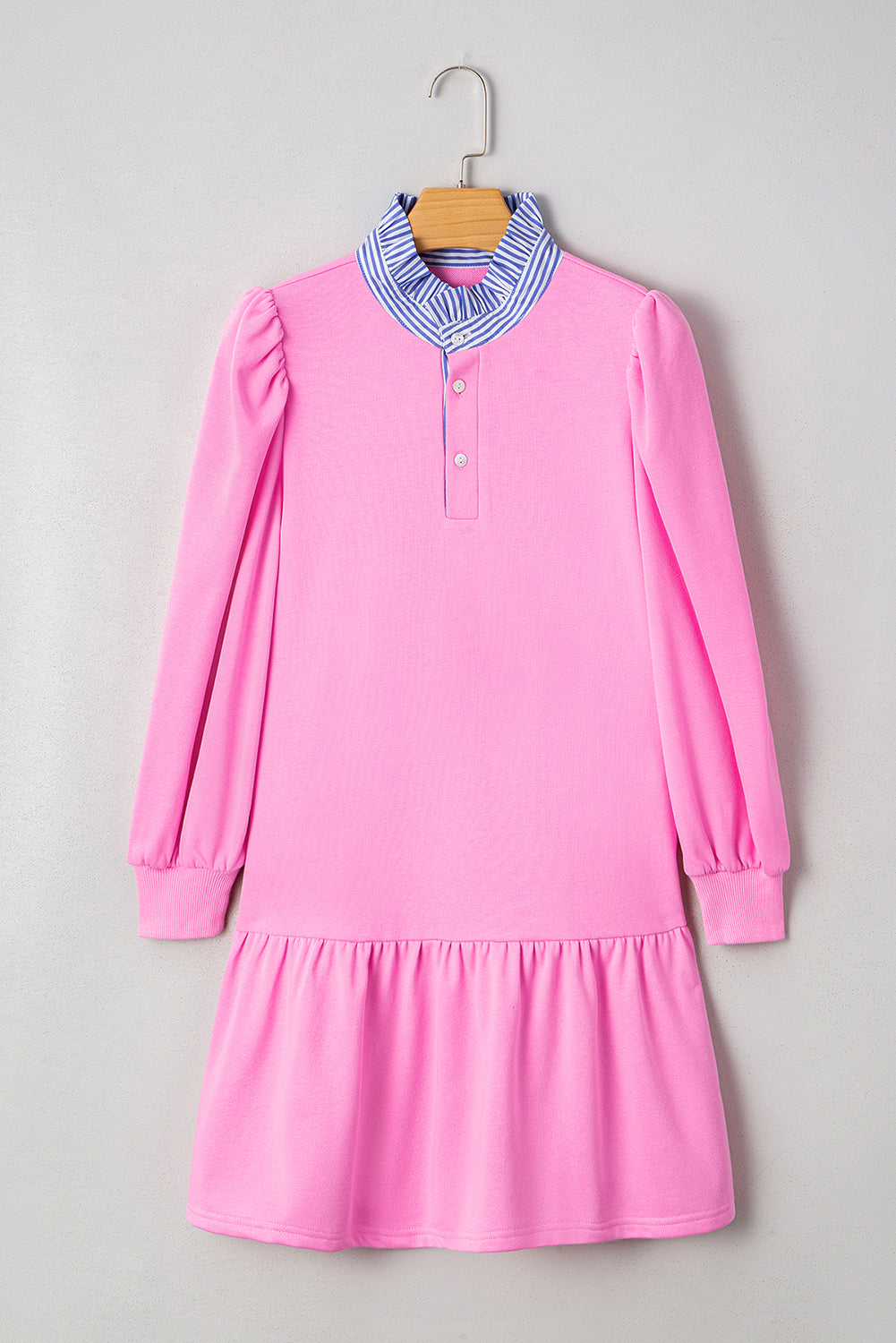Pink Contrast Striped Collar Patchwork Puff Sleeve Ruffle Hem Mini Dress-TOPS / DRESSES-[Adult]-[Female]-2022 Online Blue Zone Planet