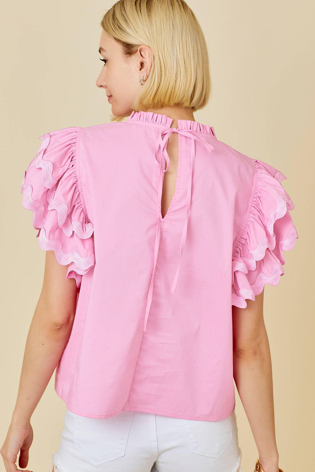 Bonbon Ricrac Ruffled Sleeve Frilled Collar Blouse-Tops/Blouses & Shirts-[Adult]-[Female]-2022 Online Blue Zone Planet