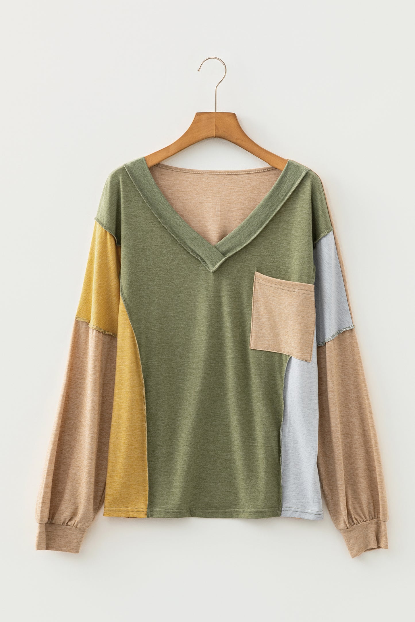 Jungle Green Exposed Stitching Colorblock V Neck Long Sleeve Top-Tops/Long Sleeve Tops-[Adult]-[Female]-2022 Online Blue Zone Planet