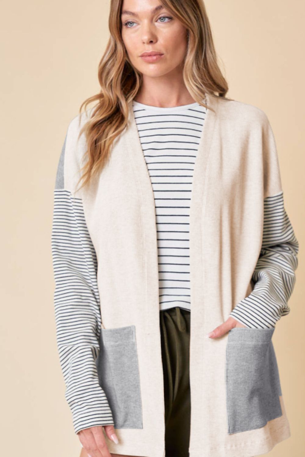 Blue Zone Planet | Open Front Long Sleeve Striped Cardigan with Pockets-TOPS / DRESSES-[Adult]-[Female]-2022 Online Blue Zone Planet