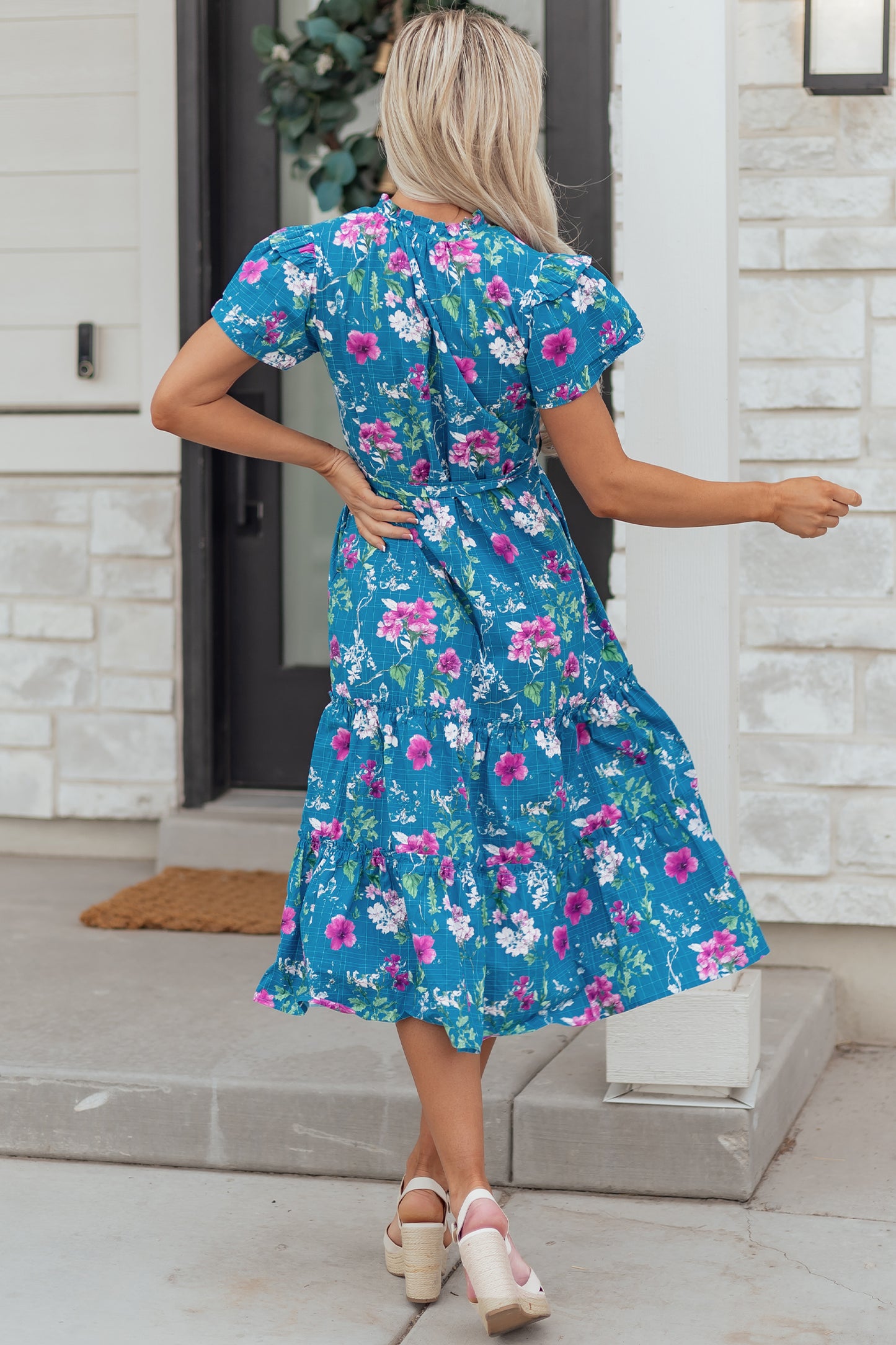 Blue Floral Flutter Sleeve Button Tie Split Neck Belted Long Dress-TOPS / DRESSES-[Adult]-[Female]-2022 Online Blue Zone Planet