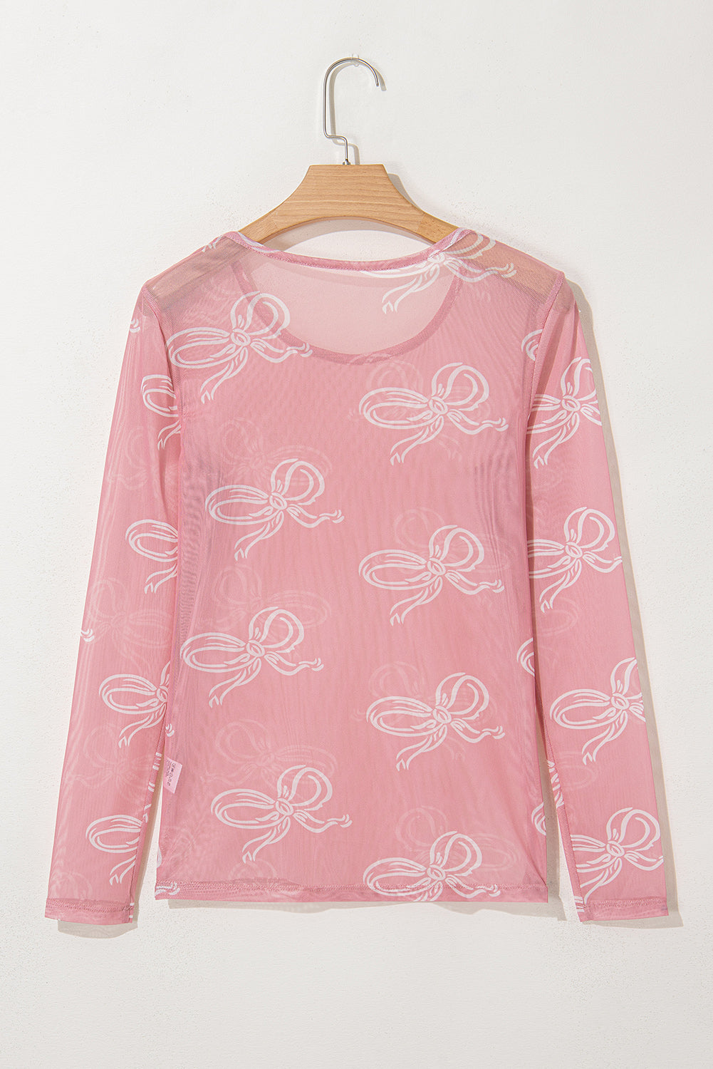 Pink Round Neck Bow Print Long Sleeve Mesh Top-Tops/Long Sleeve Tops-[Adult]-[Female]-2022 Online Blue Zone Planet