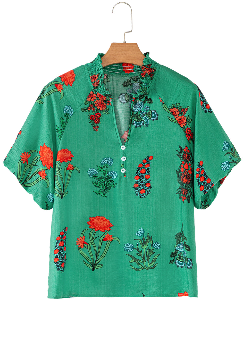 Bright Green Floral Print Buttoned V Neck Short Sleeve Blouse-Tops/Blouses & Shirts-[Adult]-[Female]-2022 Online Blue Zone Planet
