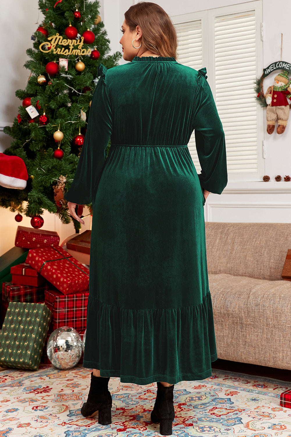 Blue Zone Planet | Blackish Green Velvet Frilled up Neck Ruffled High Waist Plus Size Midi Dress-TOPS / DRESSES-[Adult]-[Female]-2022 Online Blue Zone Planet