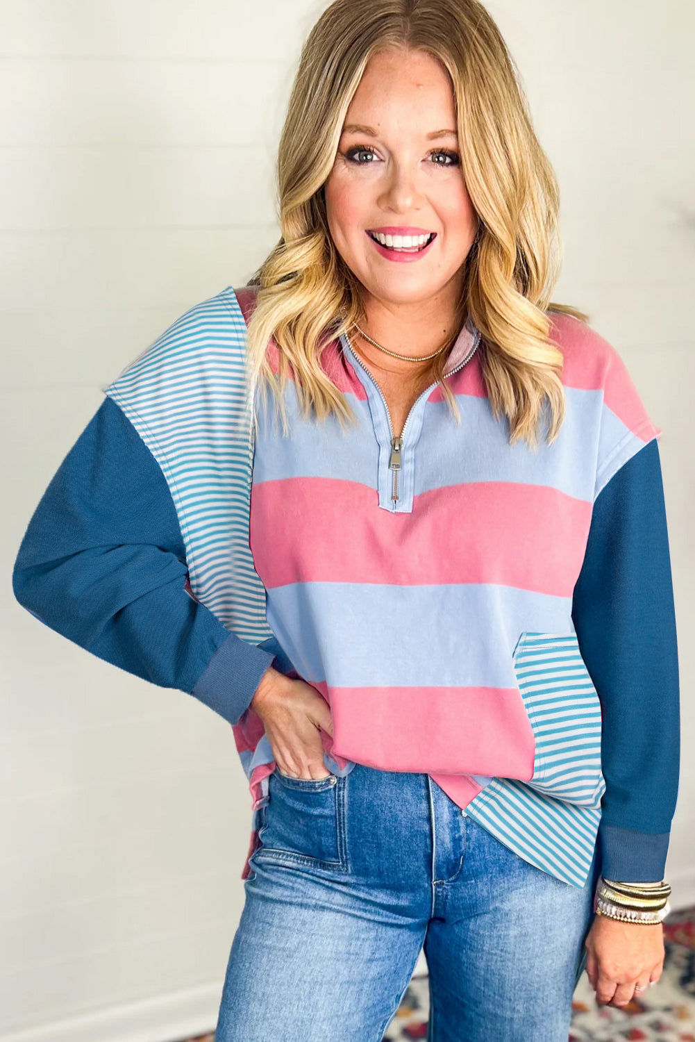 Blue Stripe Colorblock Patchwork Zip Up Plus Size Pullover-Plus Size/Plus Size Sweatshirts & Hoodies-[Adult]-[Female]-2022 Online Blue Zone Planet