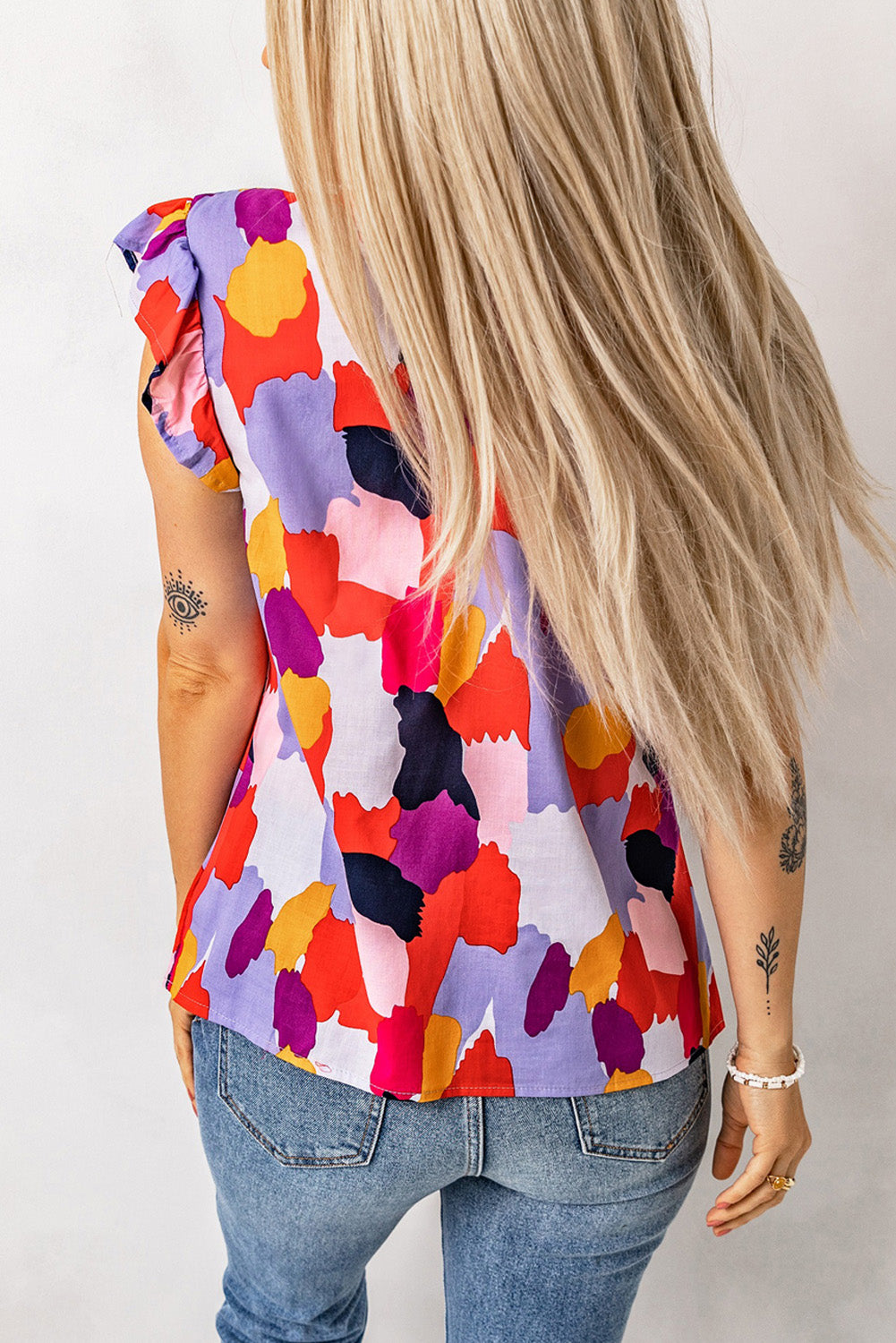 Red Ruffle Cap Sleeve Frill Mock Neck Printed Top-Tops/Tops & Tees-[Adult]-[Female]-2022 Online Blue Zone Planet