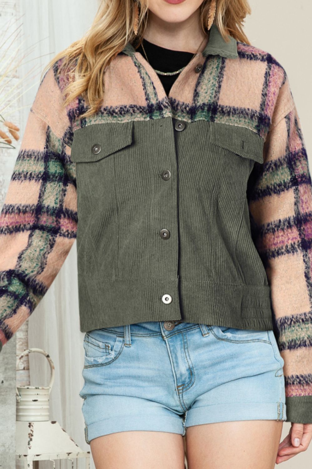 Blue Zone Planet | Plaid Corduroy Flap Pockets Button Up Jacket-TOPS / DRESSES-[Adult]-[Female]-Sage-S-2022 Online Blue Zone Planet