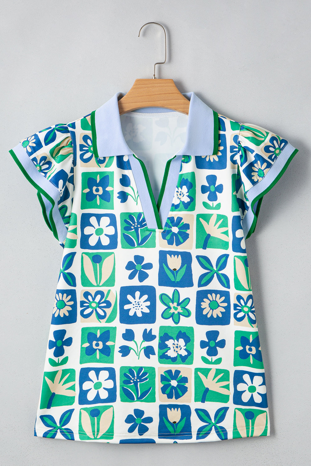 Green Floral Plaid Colorblock Trim Collar Flutter Sleeve Blouse-Tops/Blouses & Shirts-[Adult]-[Female]-2022 Online Blue Zone Planet