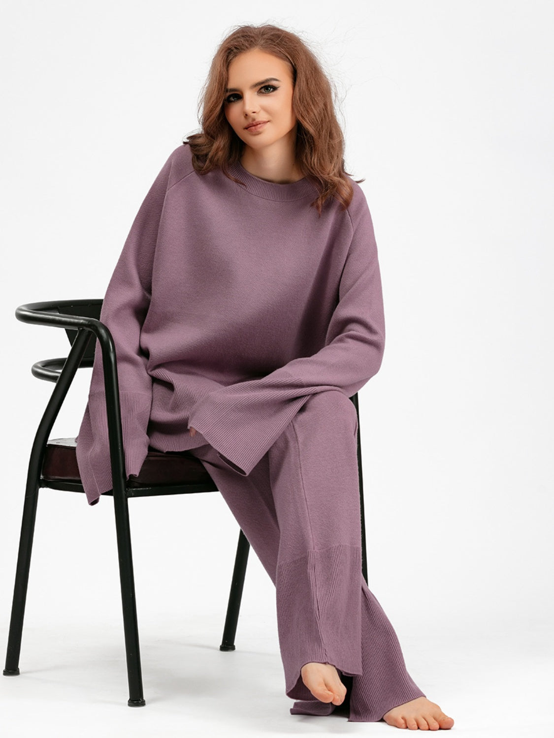 Blue Zone Planet | Basic Bae Slit Round Neck Long Sleeve Top and Drawstring Pants Sweater Set-TOPS / DRESSES-[Adult]-[Female]-2022 Online Blue Zone Planet