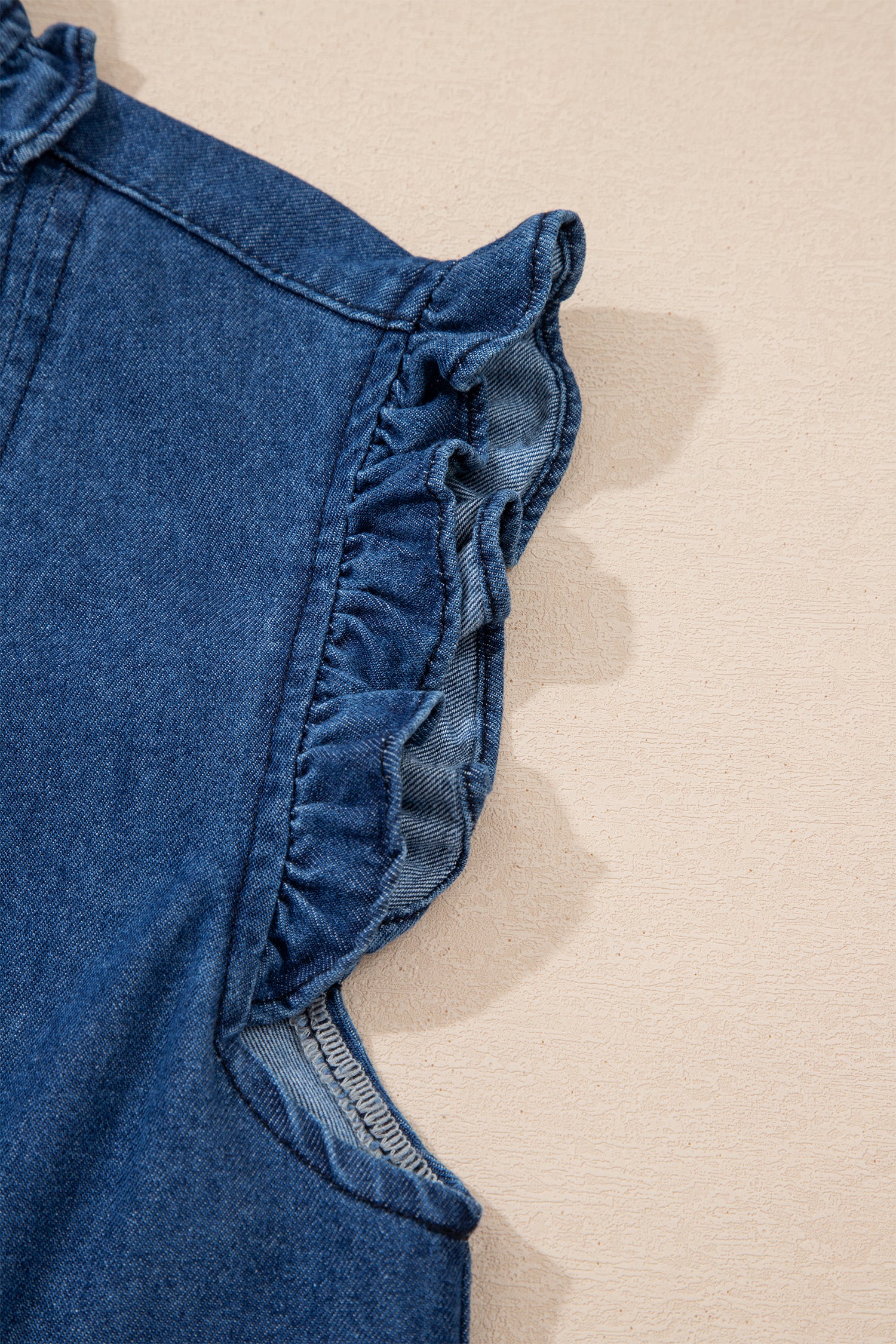 Sail Blue Ruffled Edge Collared Shift Denim Dress with Pockets-TOPS / DRESSES-[Adult]-[Female]-2022 Online Blue Zone Planet