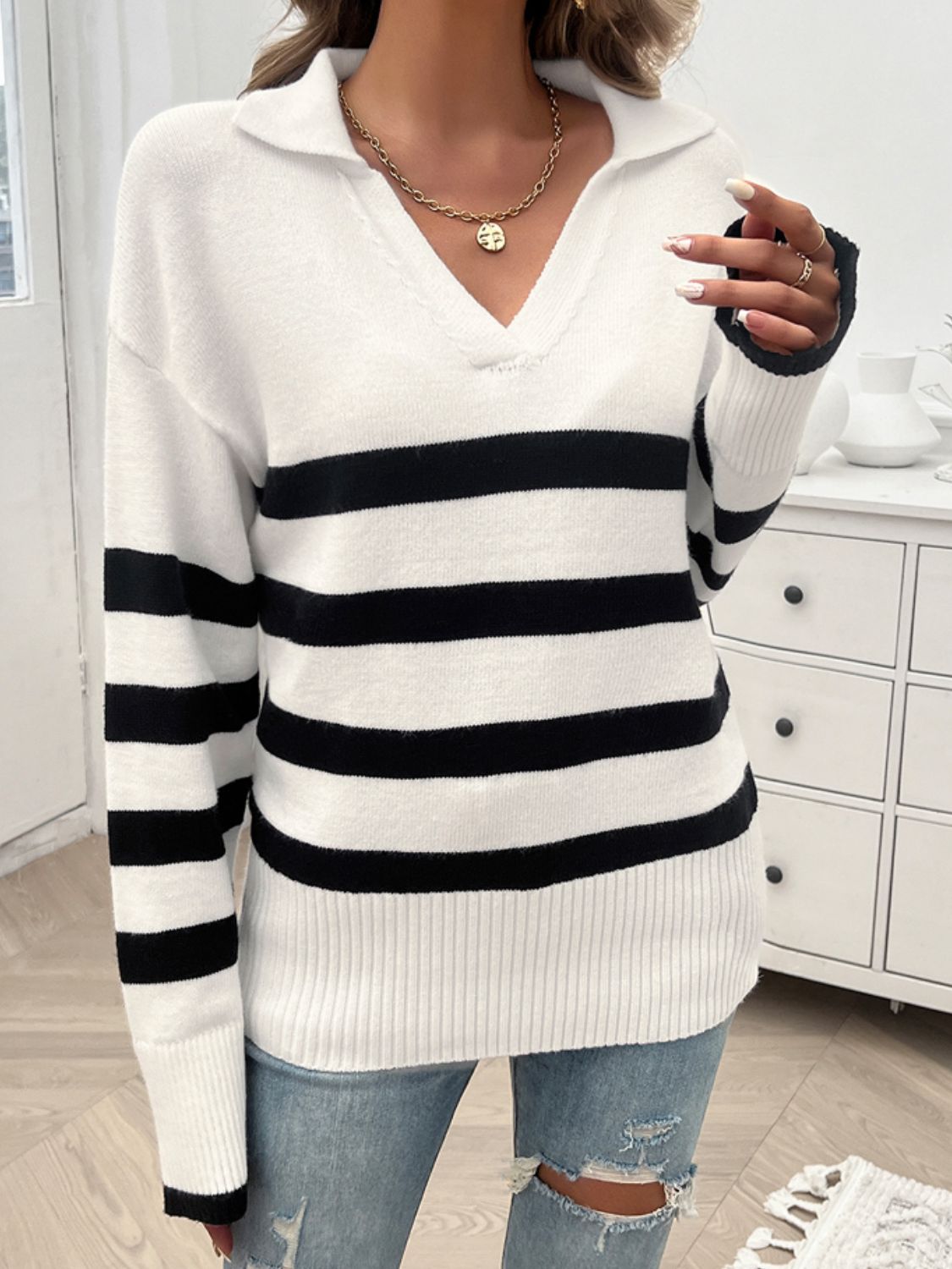 Striped Collared Neck Long Sleeve Sweater-TOPS / DRESSES-[Adult]-[Female]-White-S-2022 Online Blue Zone Planet