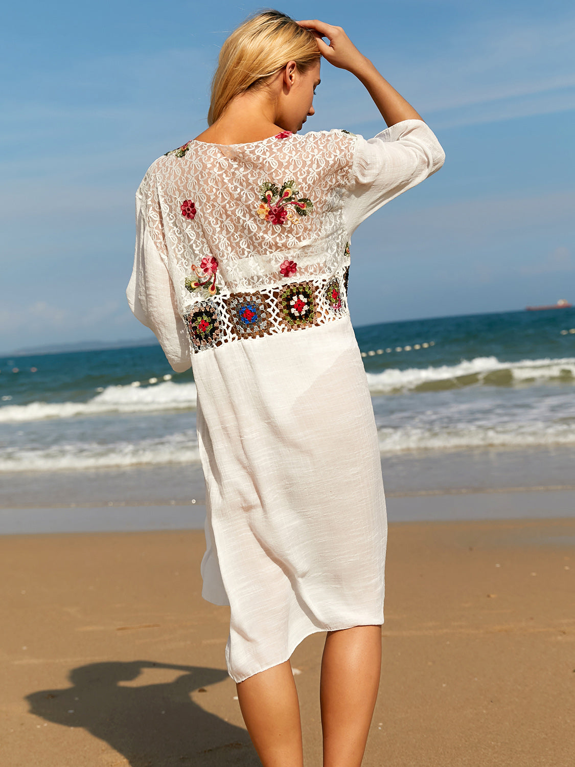 Tied Lace Three-Quarter Sleeve Cover-Up-TOPS / DRESSES-[Adult]-[Female]-White-One Size-2022 Online Blue Zone Planet