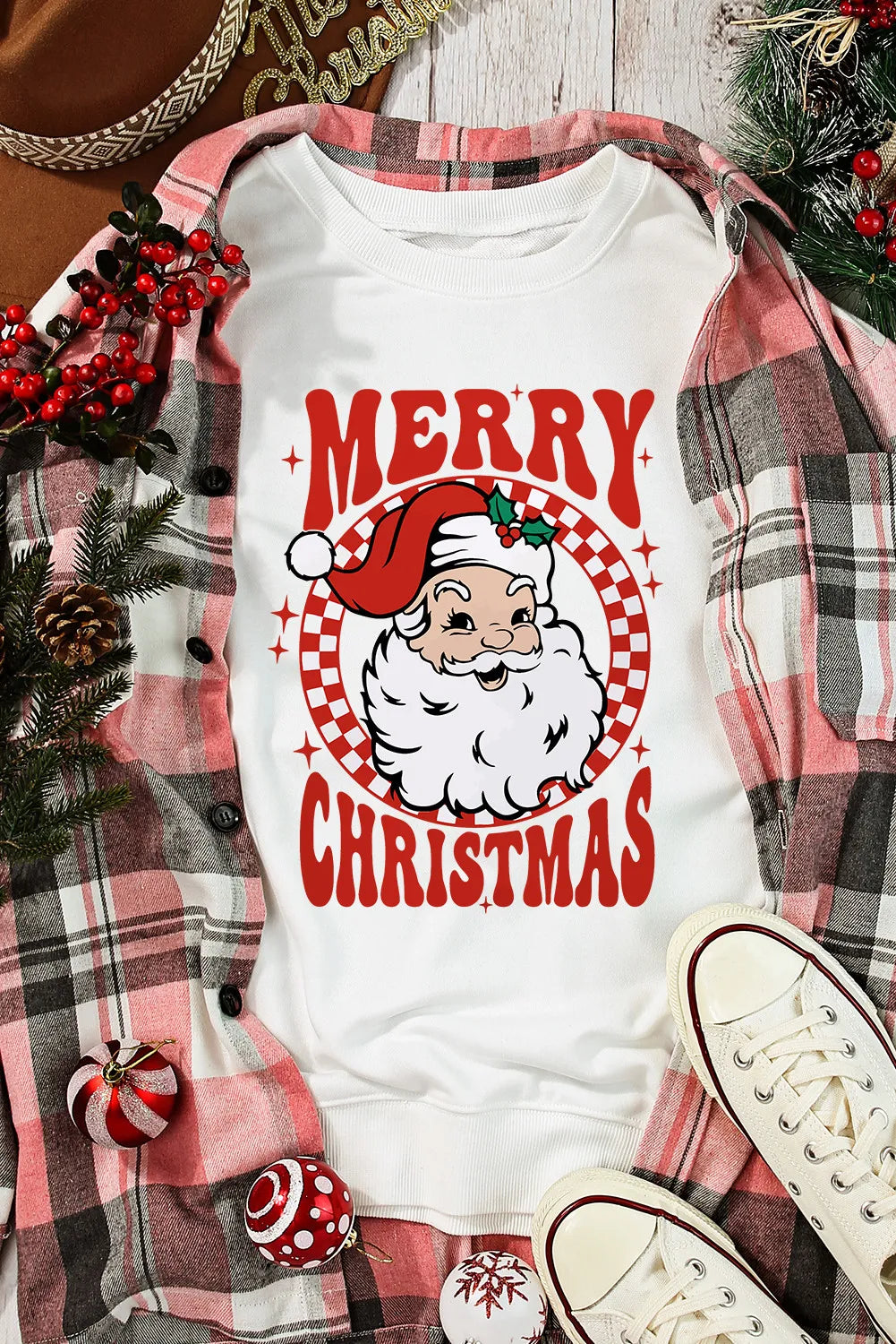 Santa Graphic Round Neck Long Sleeve Sweatshirt-TOPS / DRESSES-[Adult]-[Female]-2022 Online Blue Zone Planet