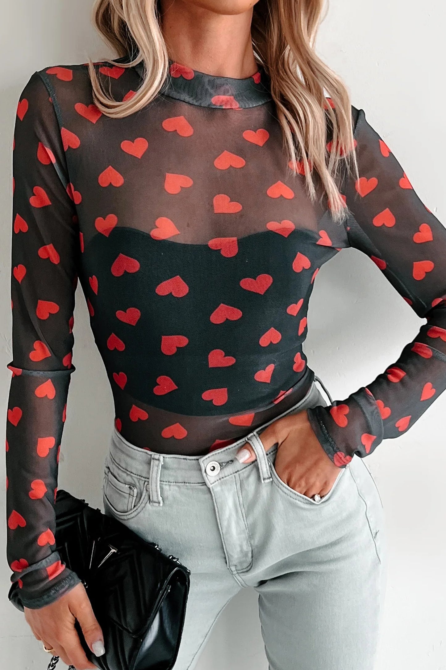 Black Valentines Heart Printed Sheer Mesh Long Sleeve Top