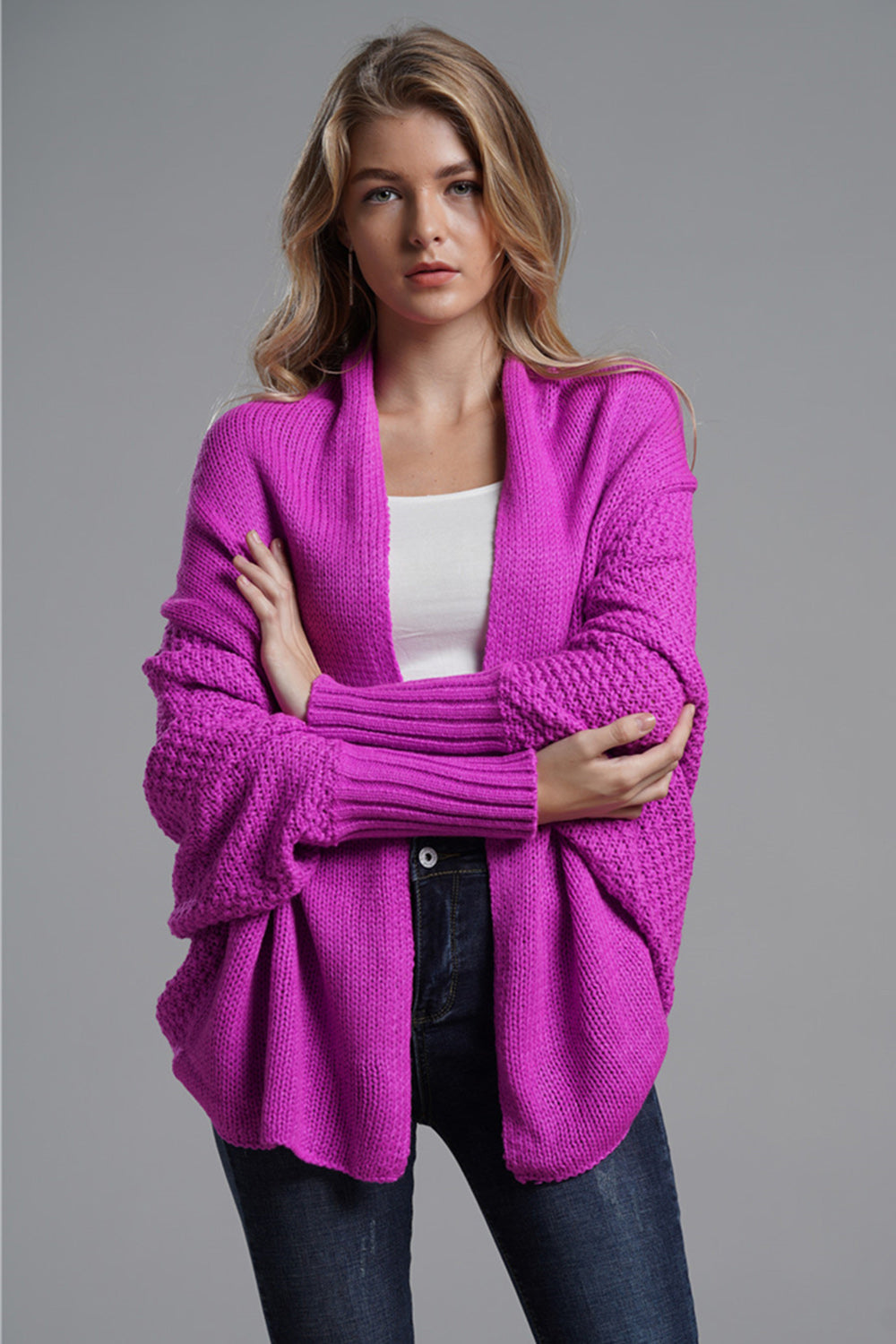 Blue Zone Planet | Open Front Batwing Sleeve Cardigan-TOPS / DRESSES-[Adult]-[Female]-Vivid Violet-One Size-2022 Online Blue Zone Planet