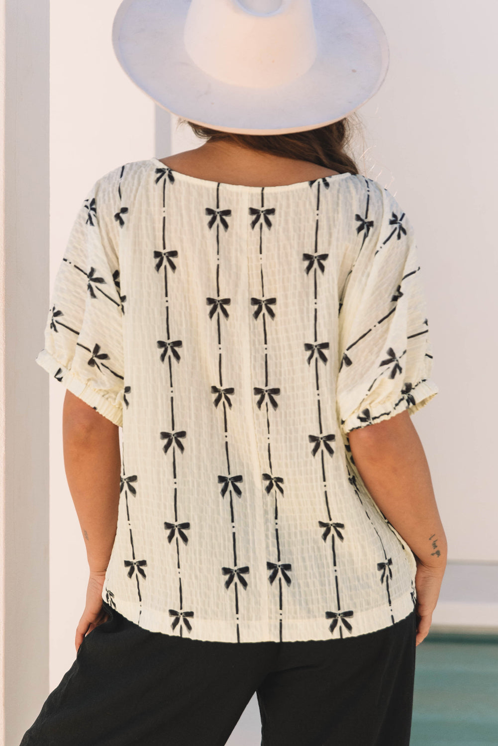 Beige Bow Print Puff Short Sleeve Top-Tops/Blouses & Shirts-[Adult]-[Female]-2022 Online Blue Zone Planet