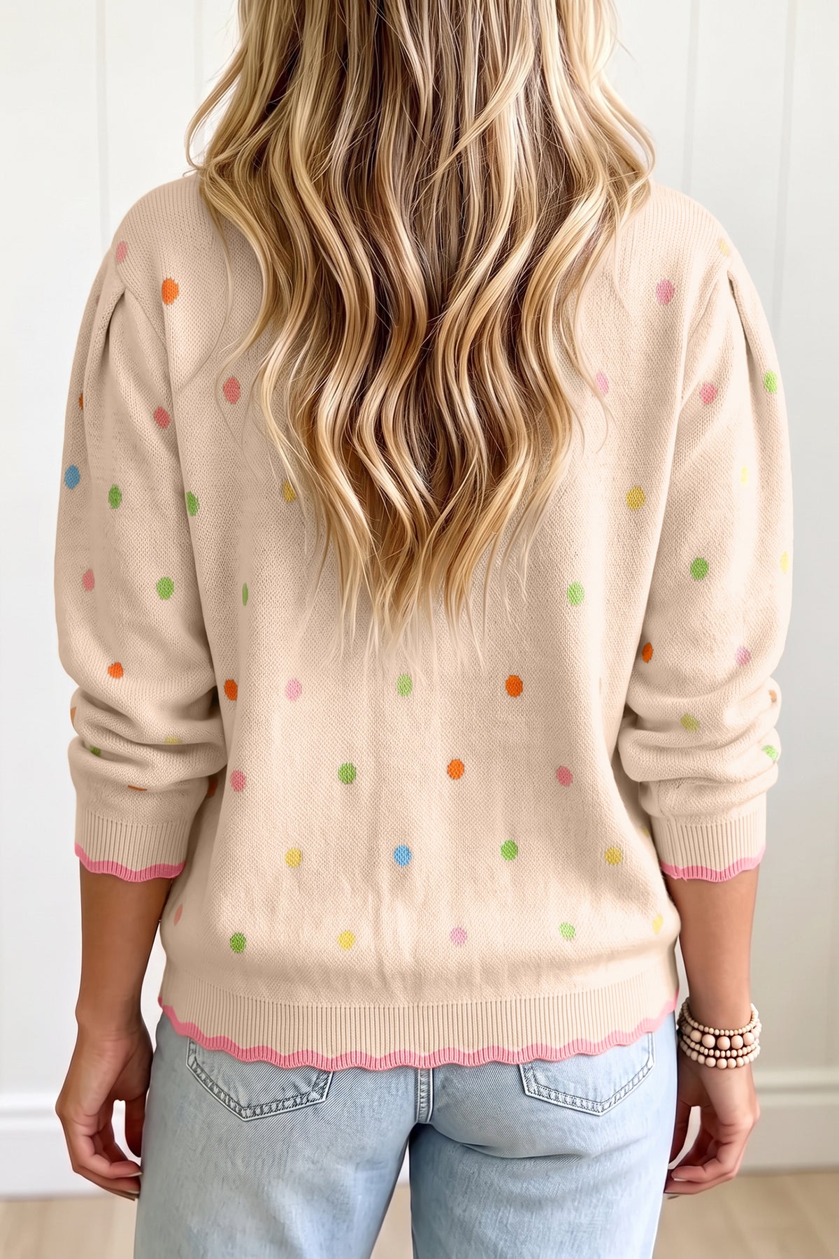 White Round Neck Polka Dot Long Sleeve Casual Shift Sweater