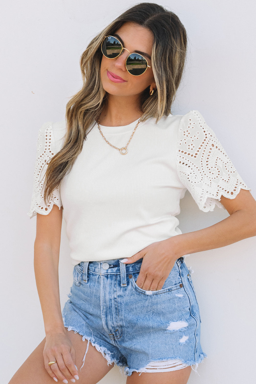 White Eyelet Pattern Short Sleeve Patchwork Ribbed Top-Tops/Tops & Tees-[Adult]-[Female]-2022 Online Blue Zone Planet