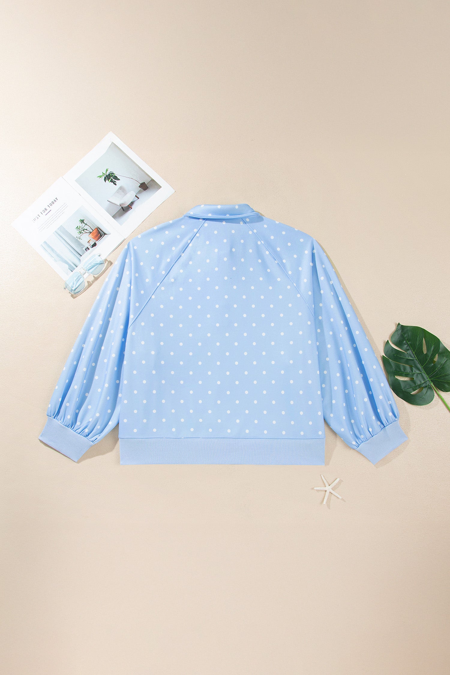 Sky Blue Polka Dot V Neck Metal Button Long Sleeve Shift Plus Size Sweatshirt-Plus Size/Plus Size Sweatshirts & Hoodies-[Adult]-[Female]-2022 Online Blue Zone Planet