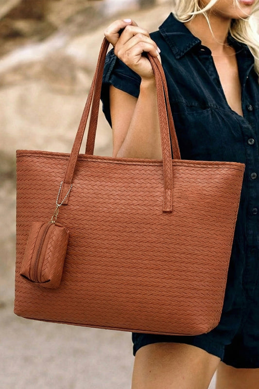 Cinnamon Leatherette Woven Tote Bag with Detachable Pouch-Shoes & Bags/Handbags-[Adult]-[Female]-Cinnamon-ONE SIZE-2022 Online Blue Zone Planet