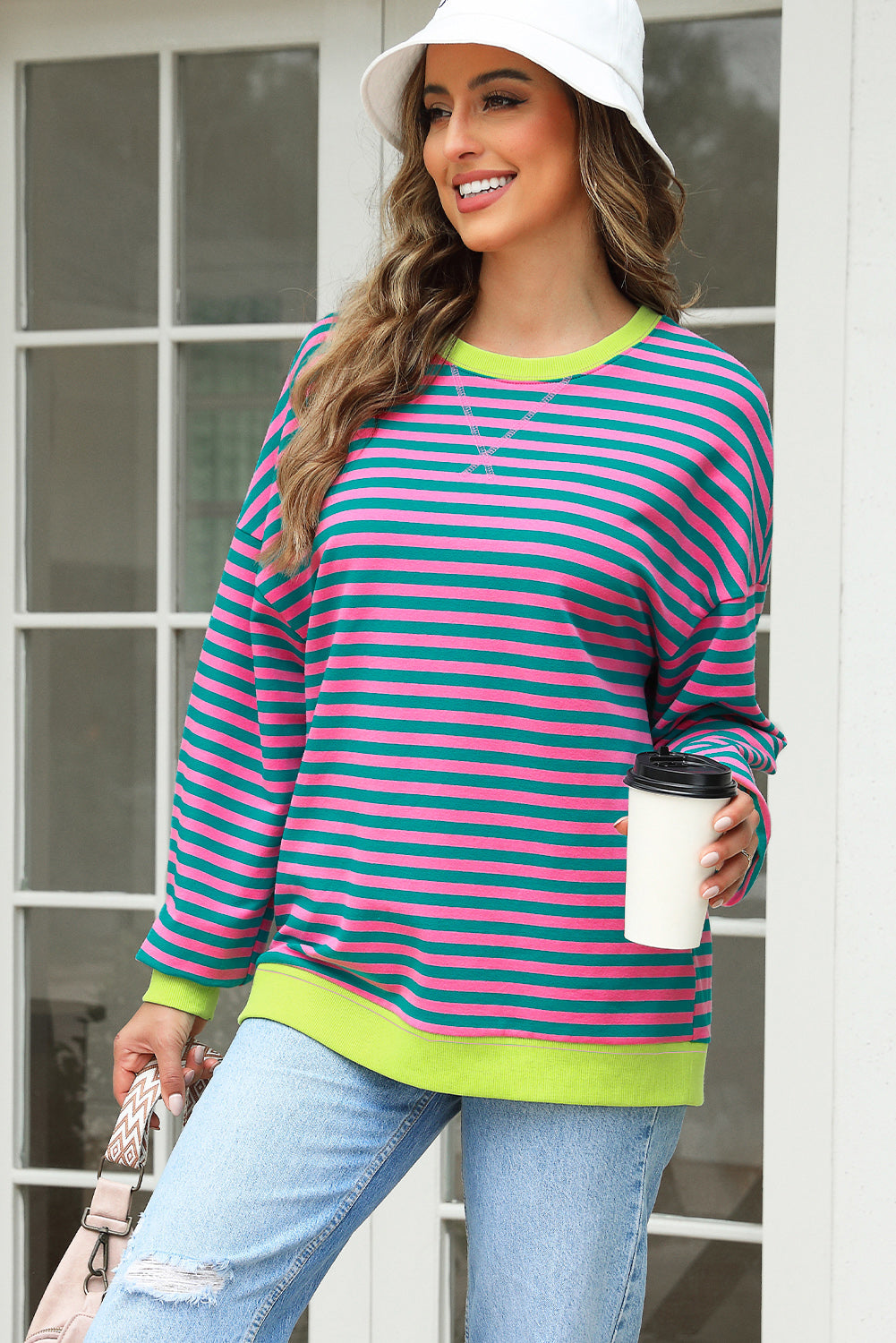 Rose Stripe Contrast Ribbed Trim Crossed Stitch Drop Shoulder Sweatshirt-Tops/Sweatshirts & Hoodies-[Adult]-[Female]-2022 Online Blue Zone Planet