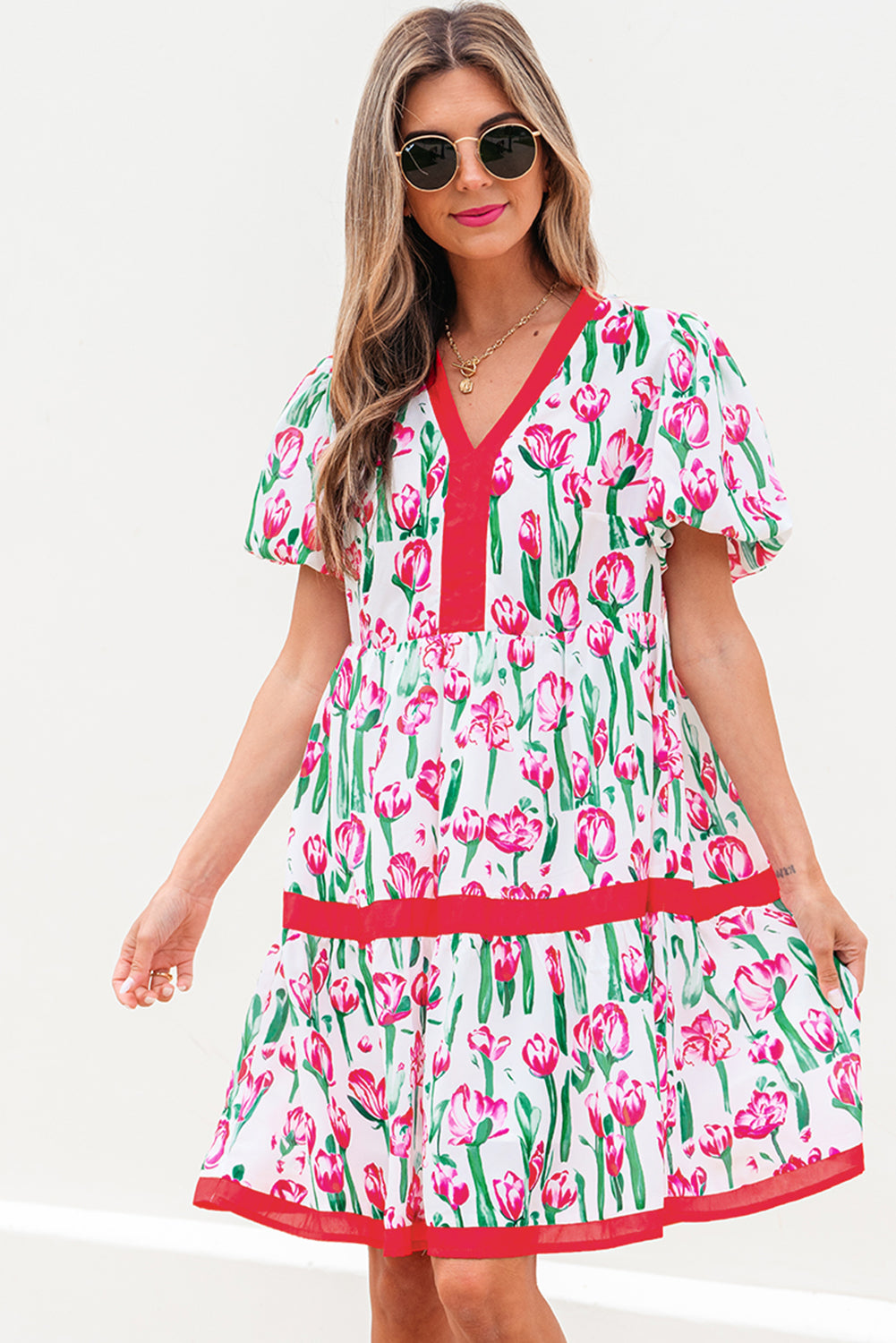Pink Floral Print Contrast Trim V Neck Bubble Short Sleeve Babydoll Dress-TOPS / DRESSES-[Adult]-[Female]-2022 Online Blue Zone Planet