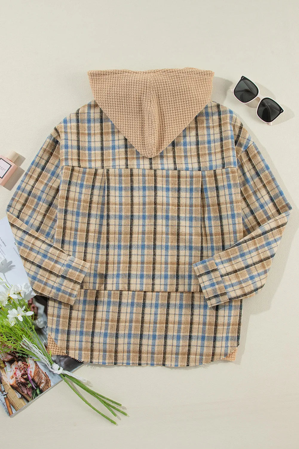 Drawstring Plaid Button Up Hooded Shacket-TOPS / DRESSES-[Adult]-[Female]-2022 Online Blue Zone Planet