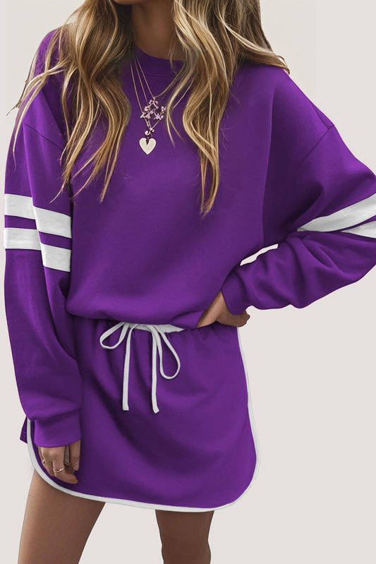 Tillandsia Purple Varsity Stripe Detail Drop Shoulder Pullover Mini Skirt Set-Two Piece Sets/Two Piece Dresses-[Adult]-[Female]-Tillandsia Purple-S-2022 Online Blue Zone Planet