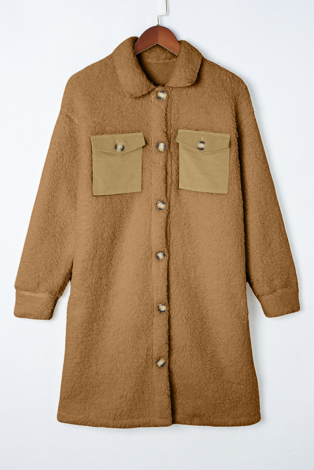 Khaki Contrast Flap Pocket Single Breasted Teddy Coat-Coats-[Adult]-[Female]-2022 Online Blue Zone Planet