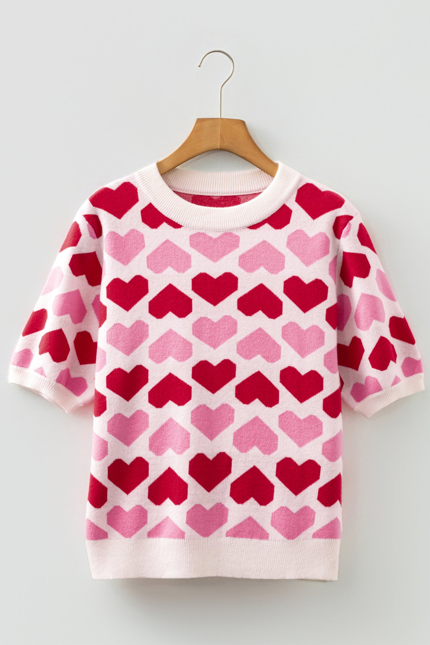 Sachet Pink 2-Tone Heart Print Valentine Crew Neck Short Sleeve Sweater-TOPS / DRESSES-[Adult]-[Female]-2022 Online Blue Zone Planet