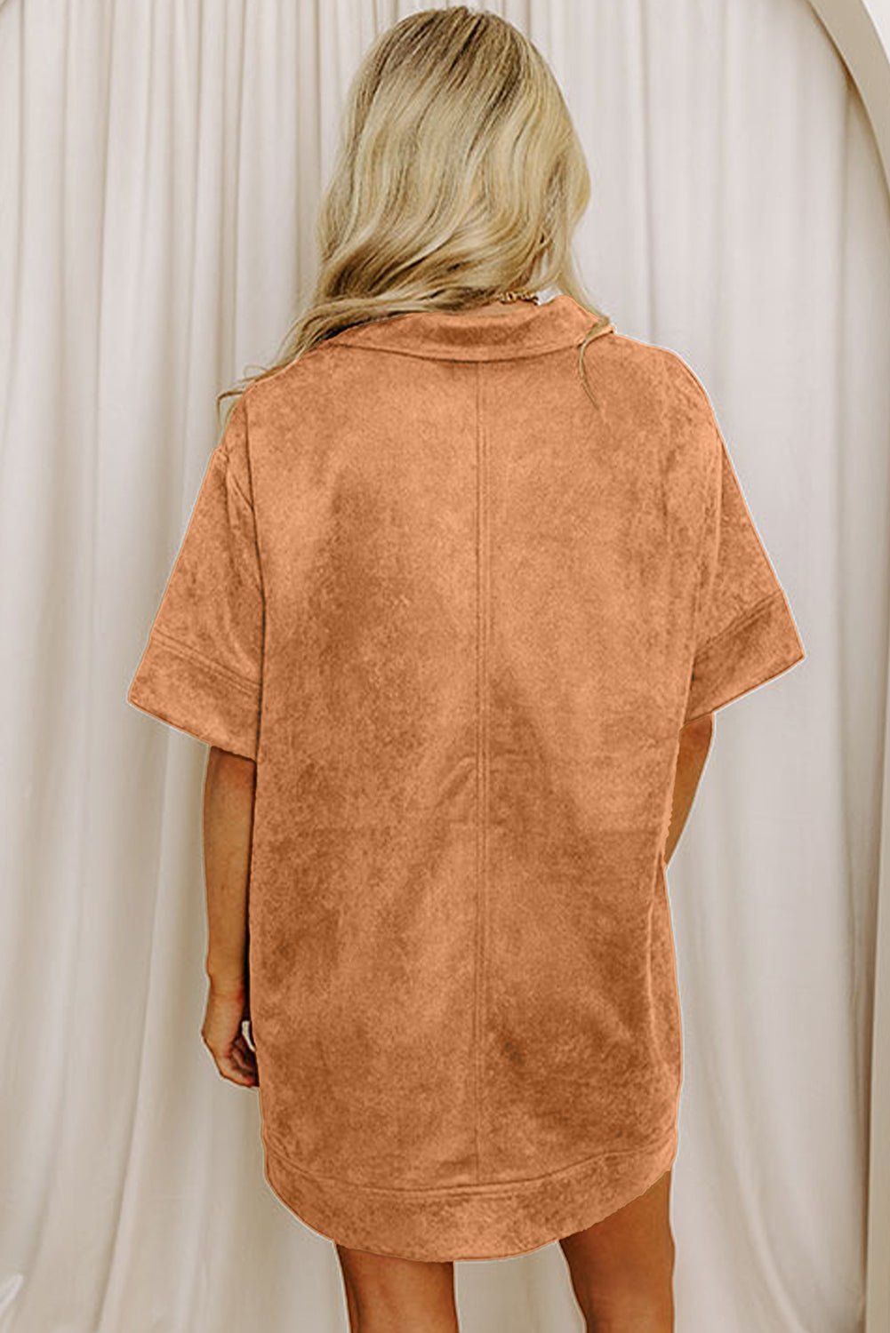 Thai Curry Collared V Neck Faux Suede Short Sleeve Shift Mini Dress-TOPS / DRESSES-[Adult]-[Female]-2022 Online Blue Zone Planet