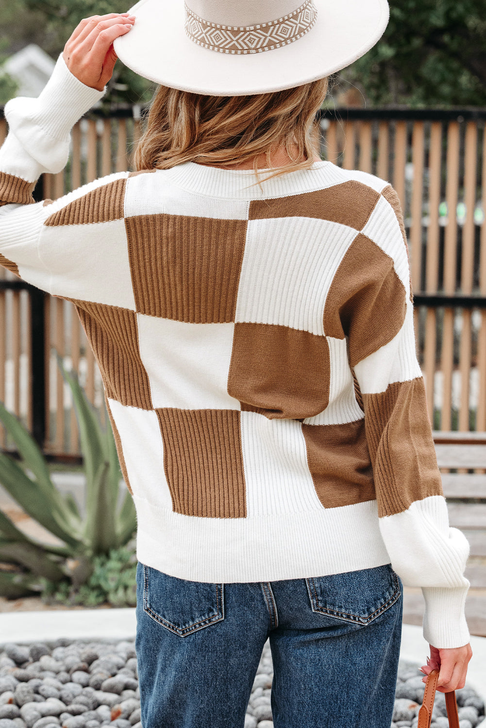 Khaki Checkered Pattern Ribbed Detail Button V Neck Sweater Cardigan-TOPS / DRESSES-[Adult]-[Female]-2022 Online Blue Zone Planet