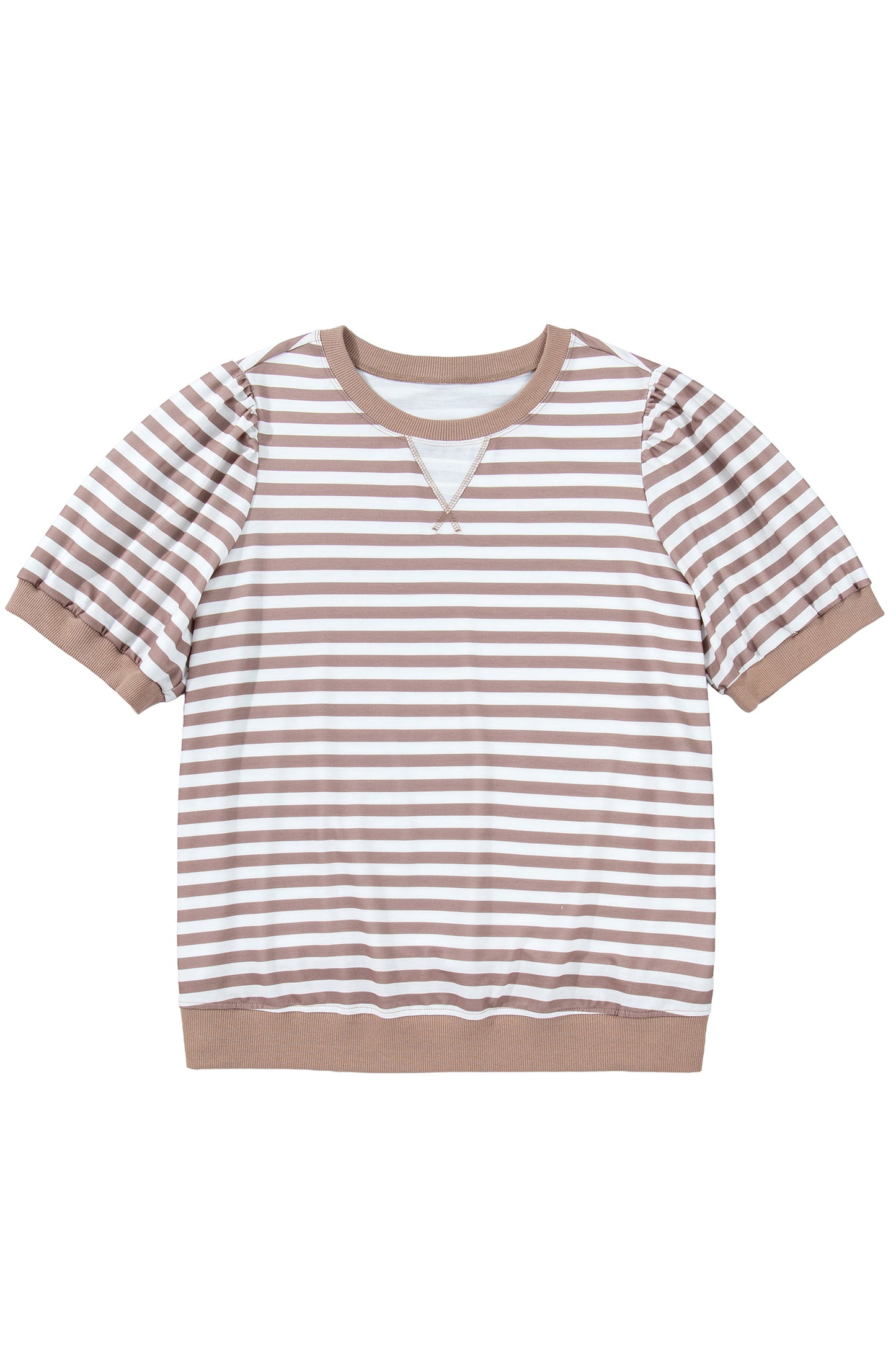 Orange Stripe Ribbed Trim Round Neck Short Puff Sleeve Plus T Shirt-Plus Size/Plus Size Tops-[Adult]-[Female]-2022 Online Blue Zone Planet