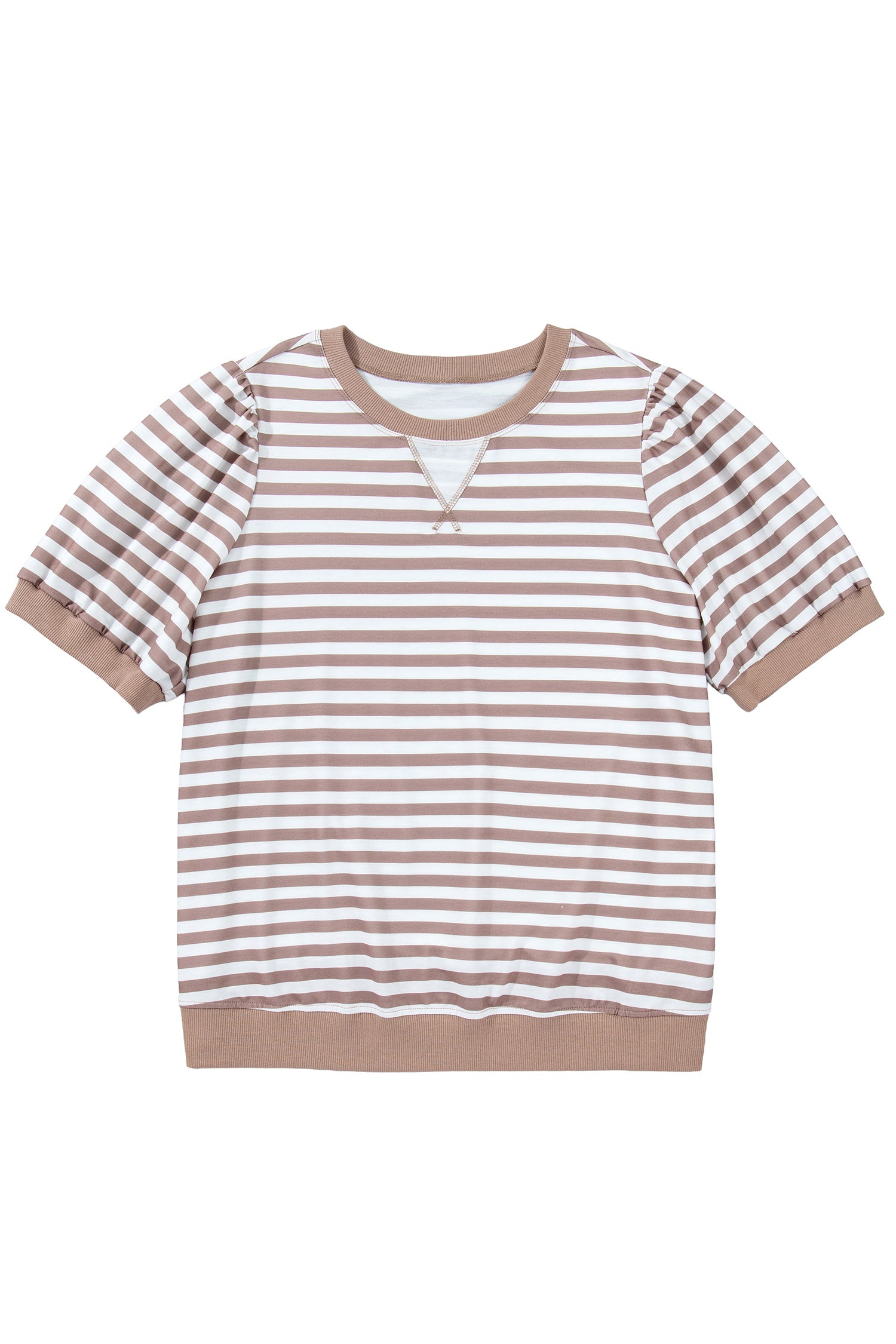 Orange Stripe Ribbed Trim Round Neck Short Puff Sleeve Plus T Shirt-Plus Size/Plus Size Tops-[Adult]-[Female]-2022 Online Blue Zone Planet